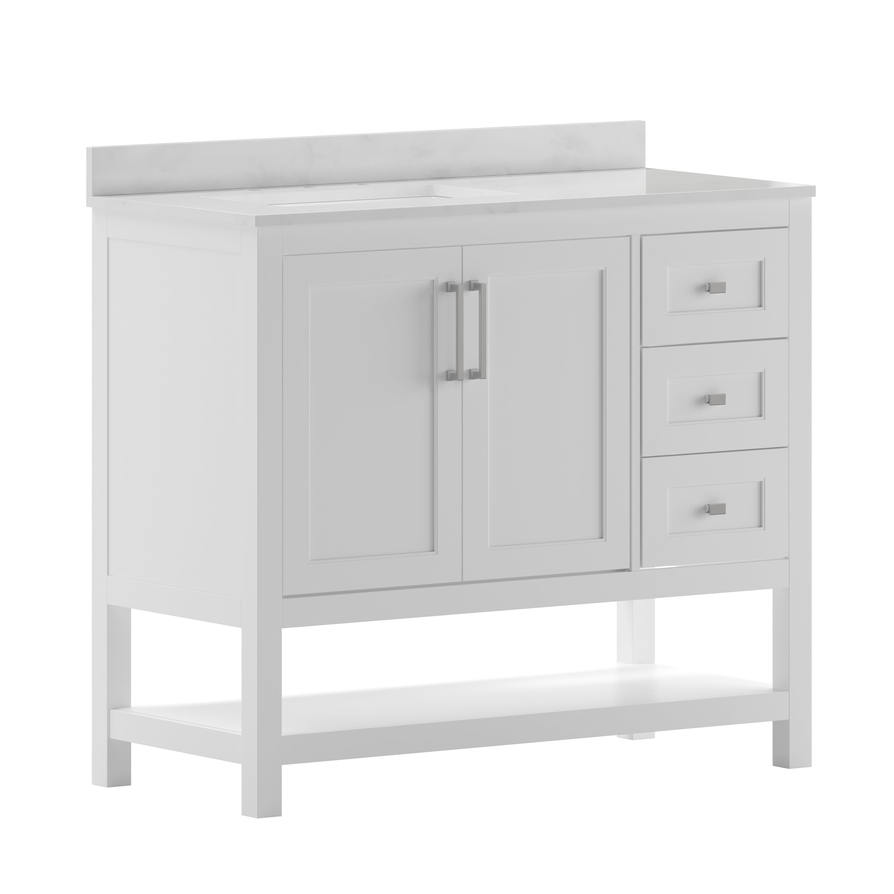 Vega 42 Inch Bathroom Vanity with Sink, Storage Cabinet with Soft Close Doors, Open Shelf and 3 Drawers, Carrara Marble Finish Countertop, White/White