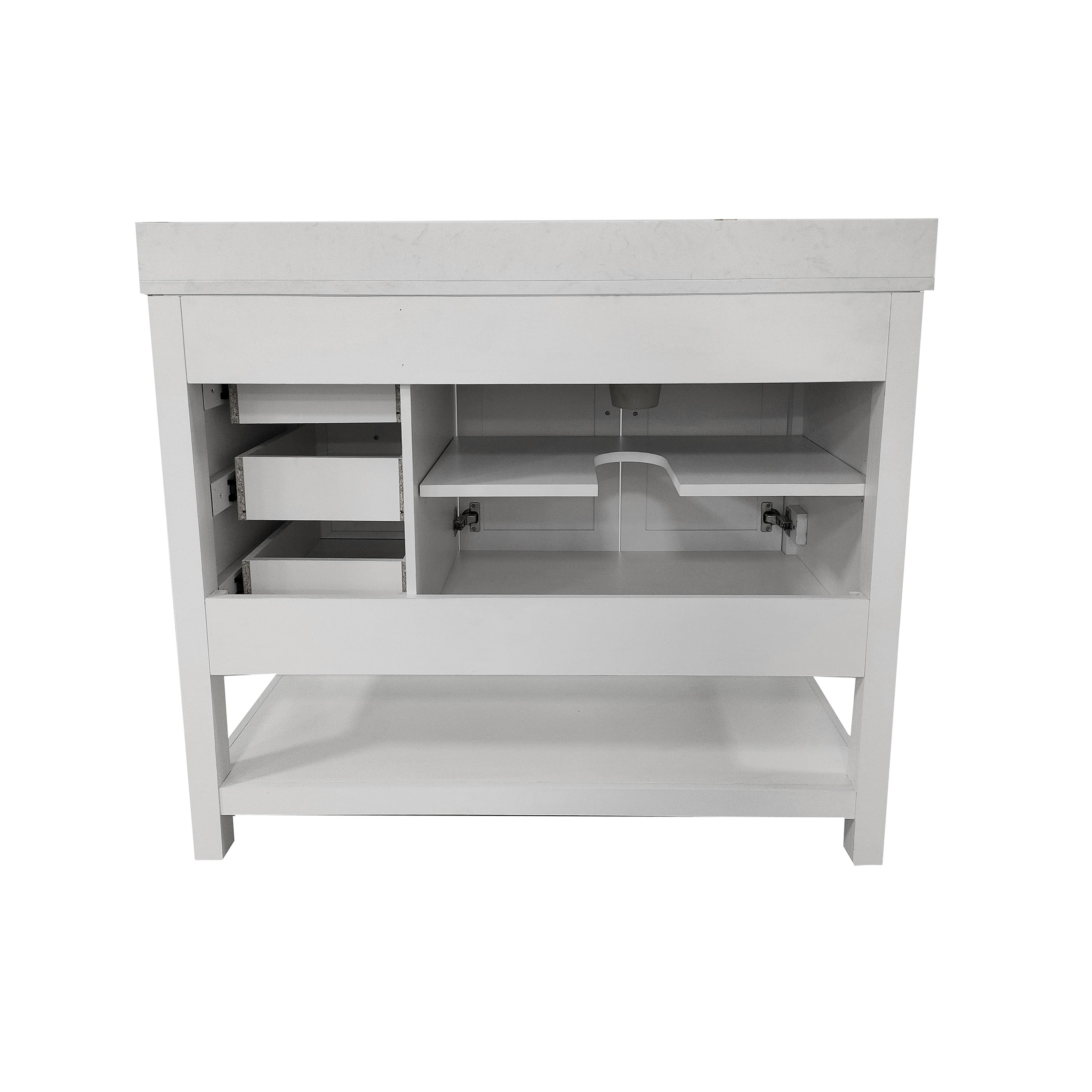 Vega 42 Inch Bathroom Vanity with Sink, Storage Cabinet with Soft Close Doors, Open Shelf and 3 Drawers, Carrara Marble Finish Countertop, White/White
