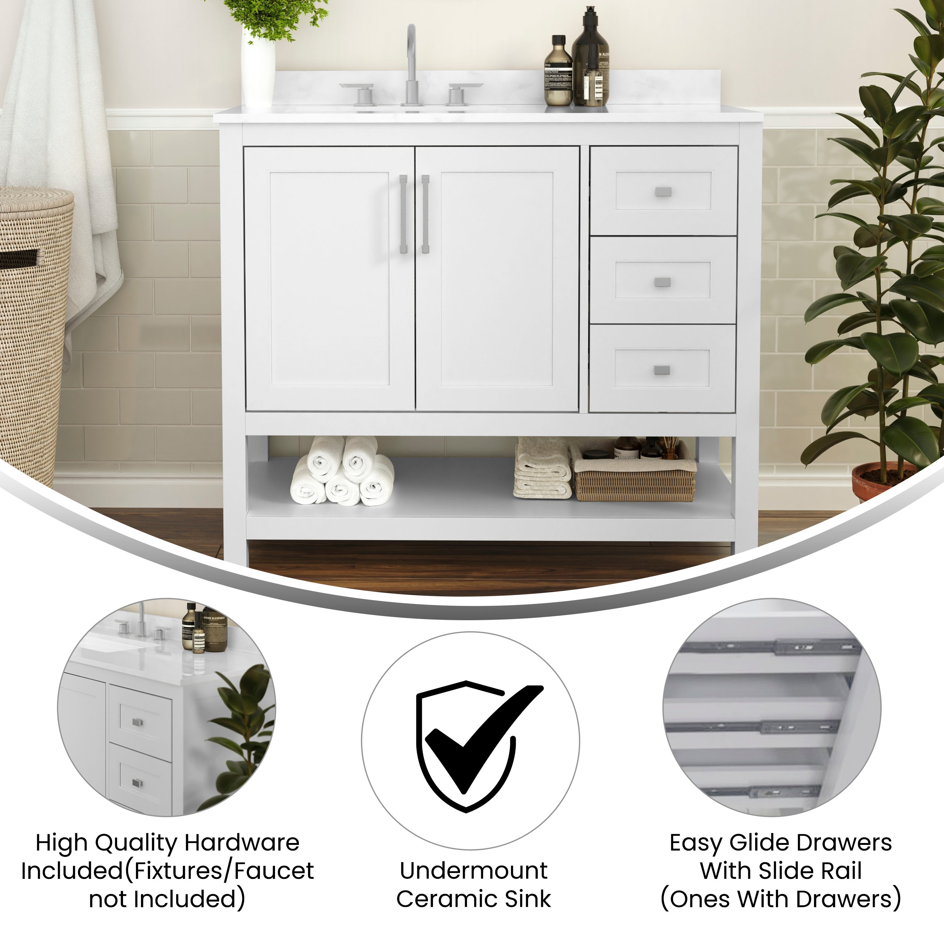 Vega 42 Inch Bathroom Vanity with Sink, Storage Cabinet with Soft Close Doors, Open Shelf and 3 Drawers, Carrara Marble Finish Countertop, White/White