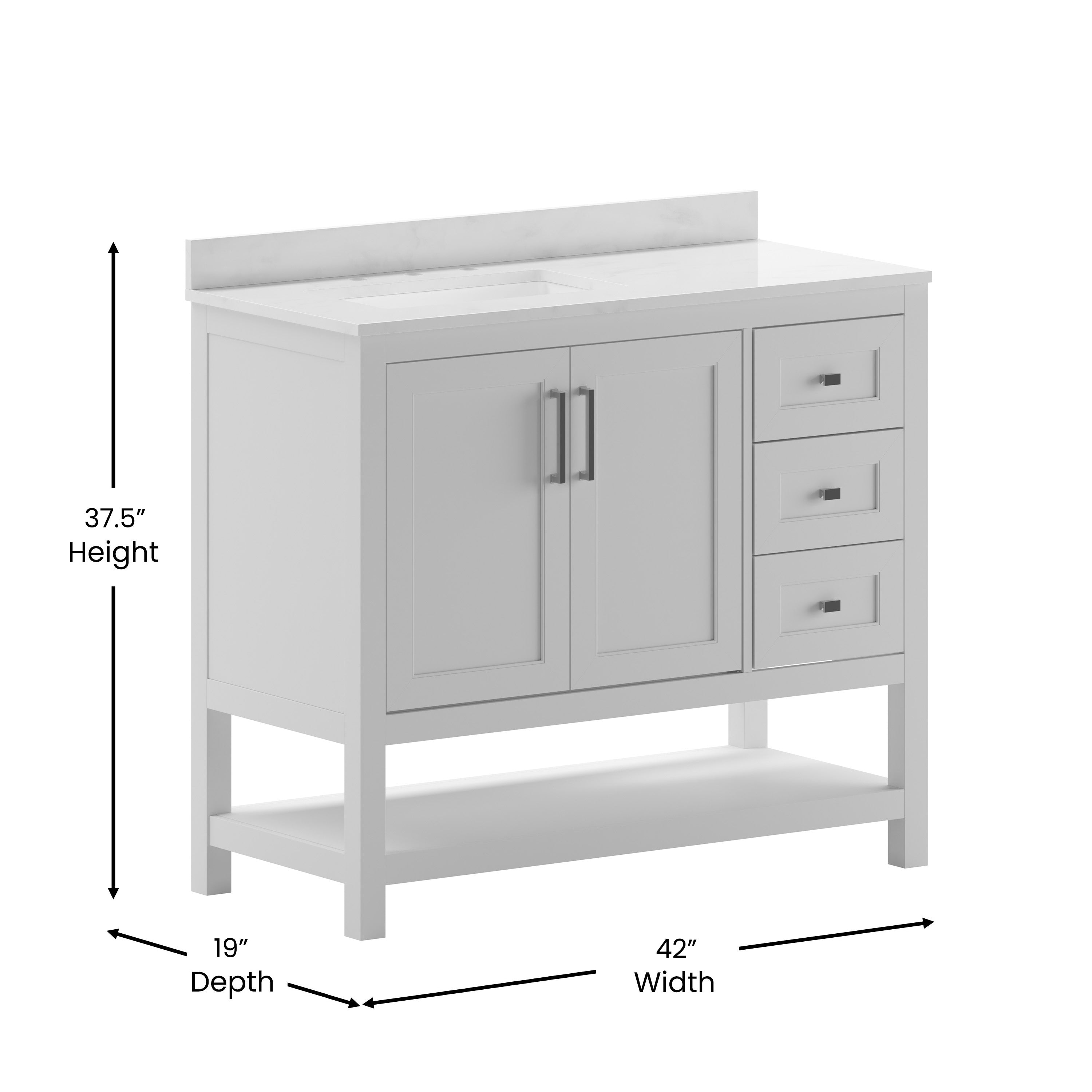 Vega 42 Inch Bathroom Vanity with Sink, Storage Cabinet with Soft Close Doors, Open Shelf and 3 Drawers, Carrara Marble Finish Countertop, White/White