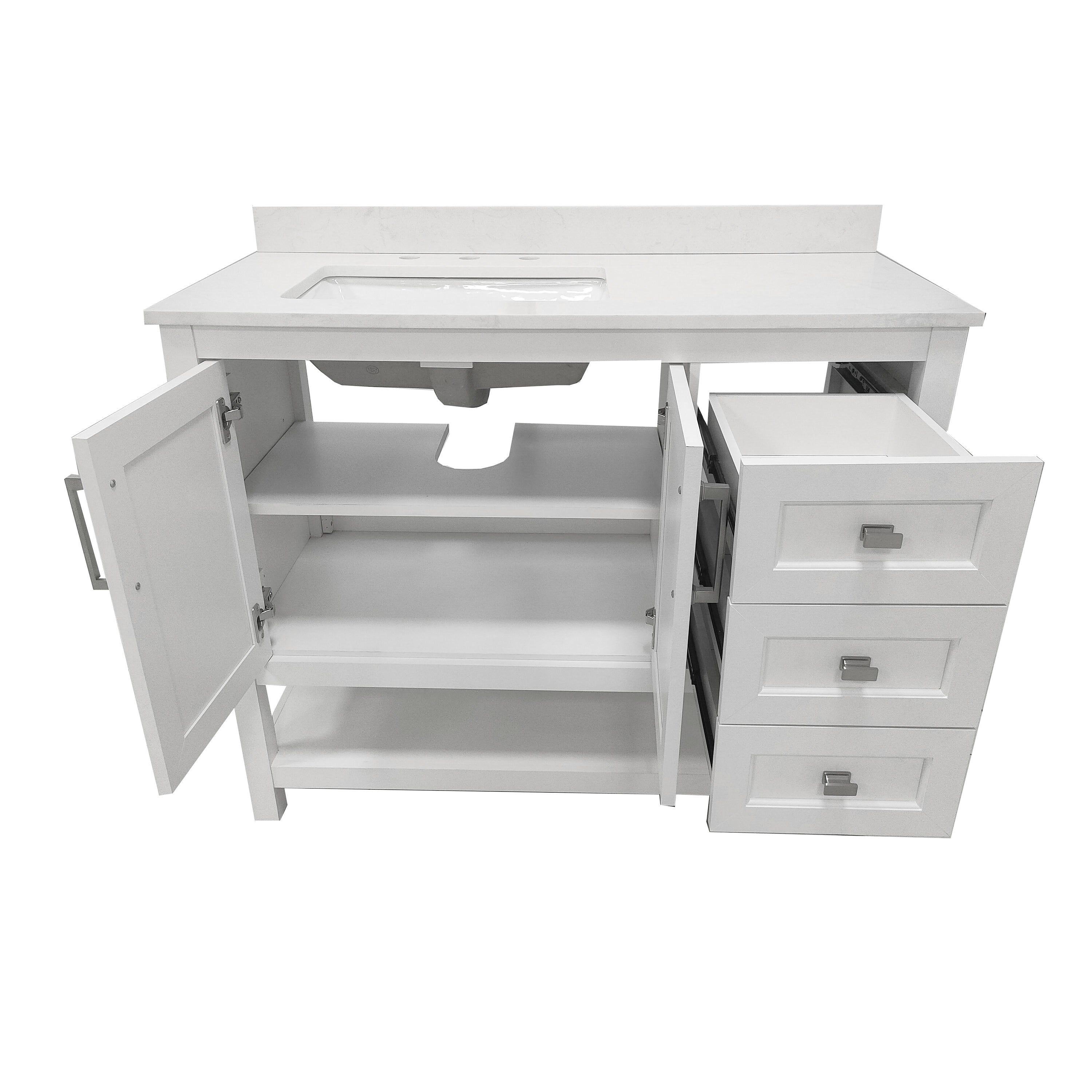 Vega 42 Inch Bathroom Vanity with Sink, Storage Cabinet with Soft Close Doors, Open Shelf and 3 Drawers, Carrara Marble Finish Countertop, White/White