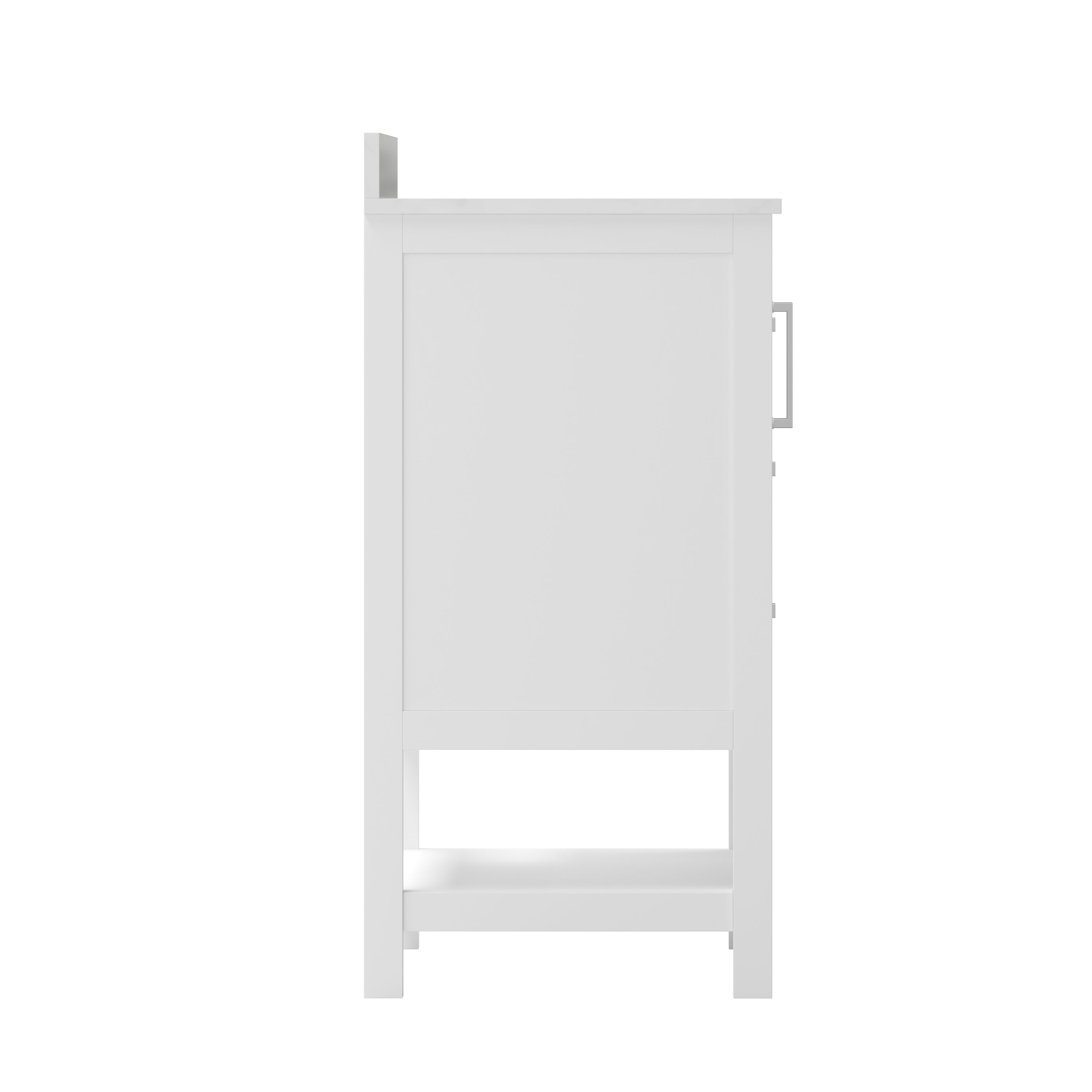 Vega 42 Inch Bathroom Vanity with Sink, Storage Cabinet with Soft Close Doors, Open Shelf and 3 Drawers, Carrara Marble Finish Countertop, White/White