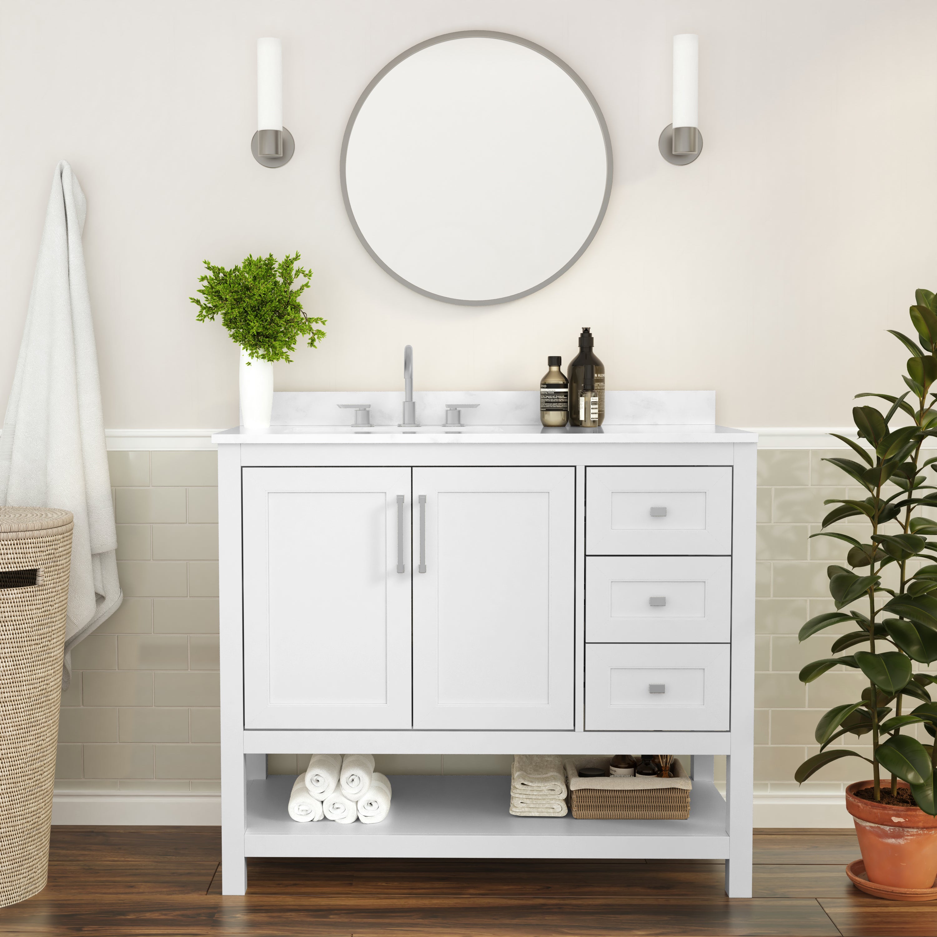 Vega 42 Inch Bathroom Vanity with Sink, Storage Cabinet with Soft Close Doors, Open Shelf and 3 Drawers, Carrara Marble Finish Countertop, White/White