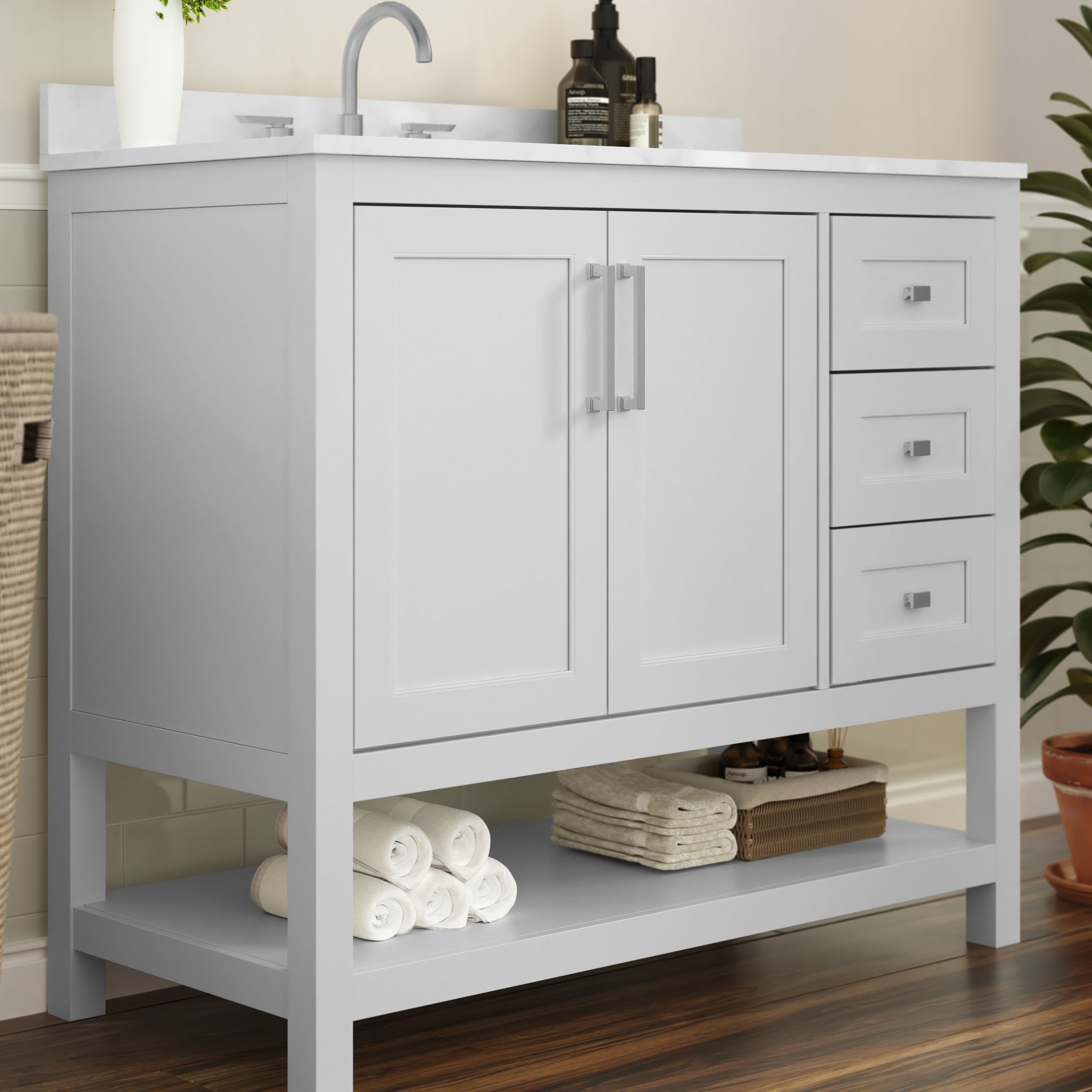 Vega 42 Inch Bathroom Vanity with Sink, Storage Cabinet with Soft Close Doors, Open Shelf and 3 Drawers, Carrara Marble Finish Countertop, White/White