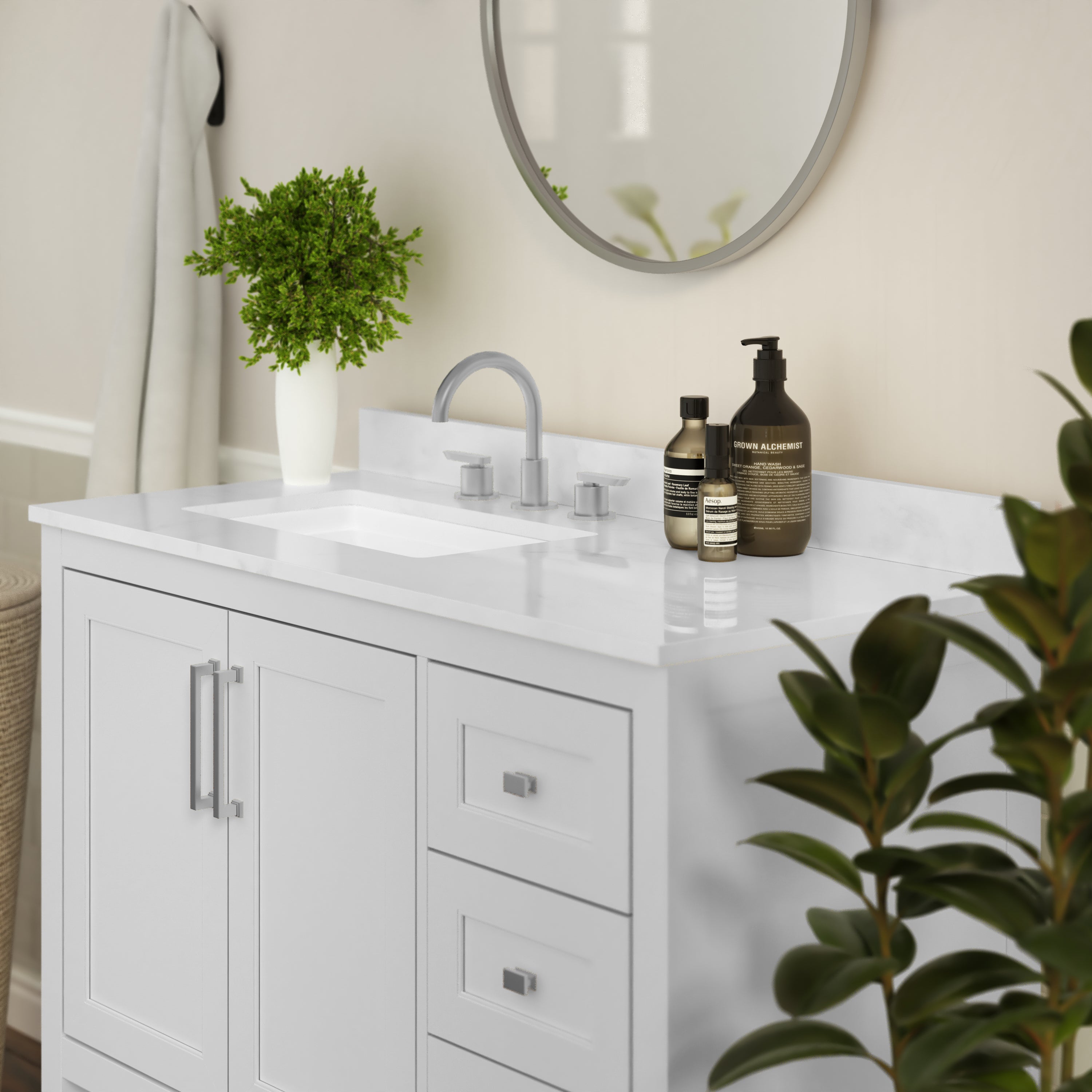Vega 42 Inch Bathroom Vanity with Sink, Storage Cabinet with Soft Close Doors, Open Shelf and 3 Drawers, Carrara Marble Finish Countertop, White/White