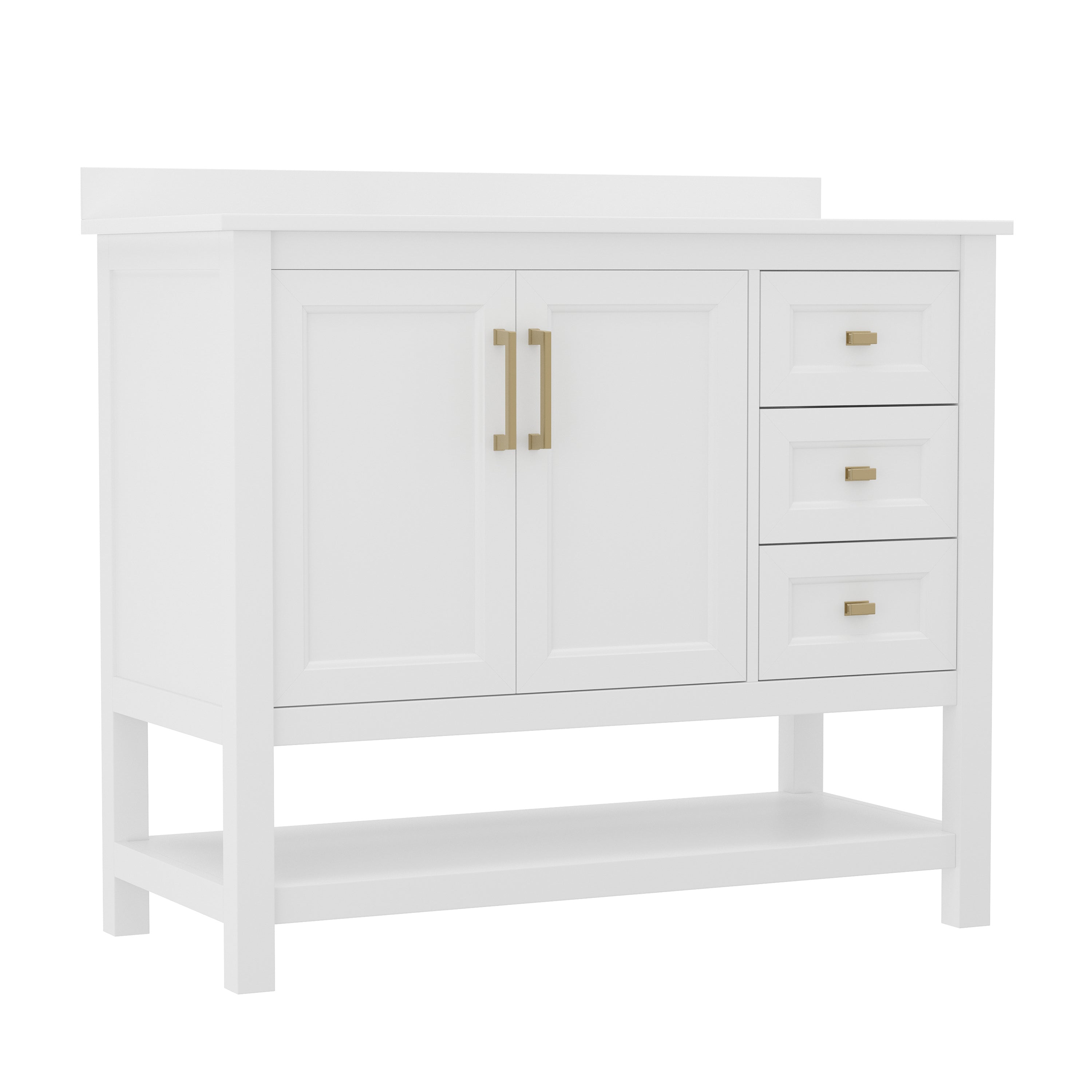 Vega 42 Inch Bathroom Vanity with Sink, Storage Cabinet with Soft Close Doors, Open Shelf and 3 Drawers, Carrara Marble Finish Countertop, White/Gold