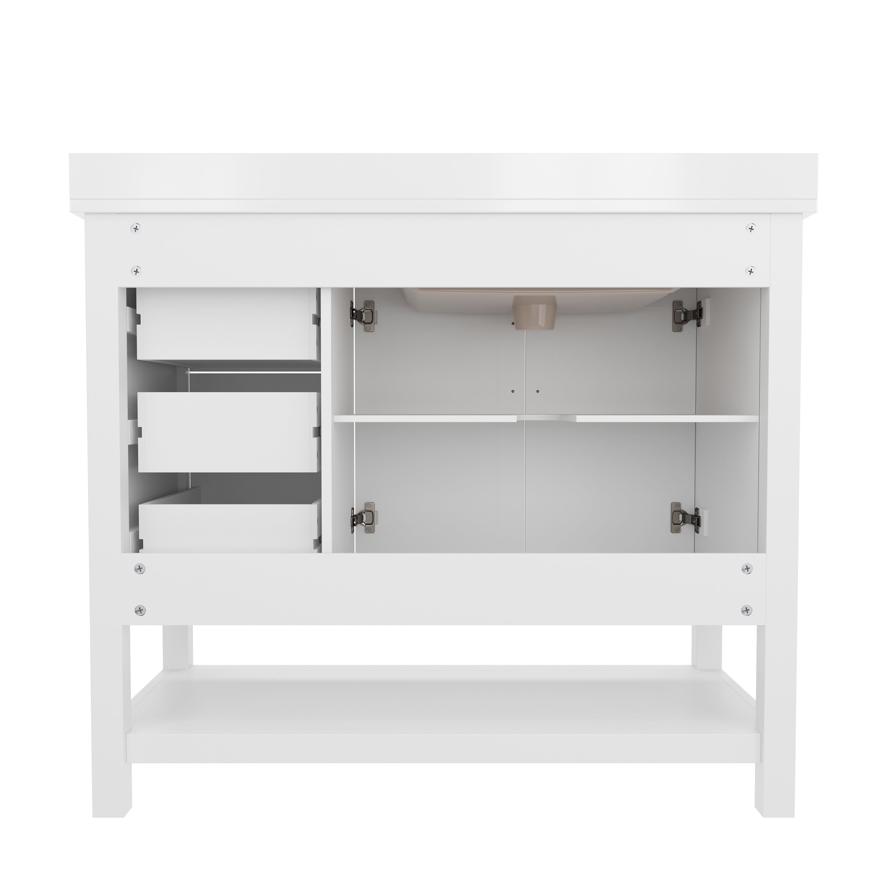 Vega 42 Inch Bathroom Vanity with Sink, Storage Cabinet with Soft Close Doors, Open Shelf and 3 Drawers, Carrara Marble Finish Countertop, White/Gold