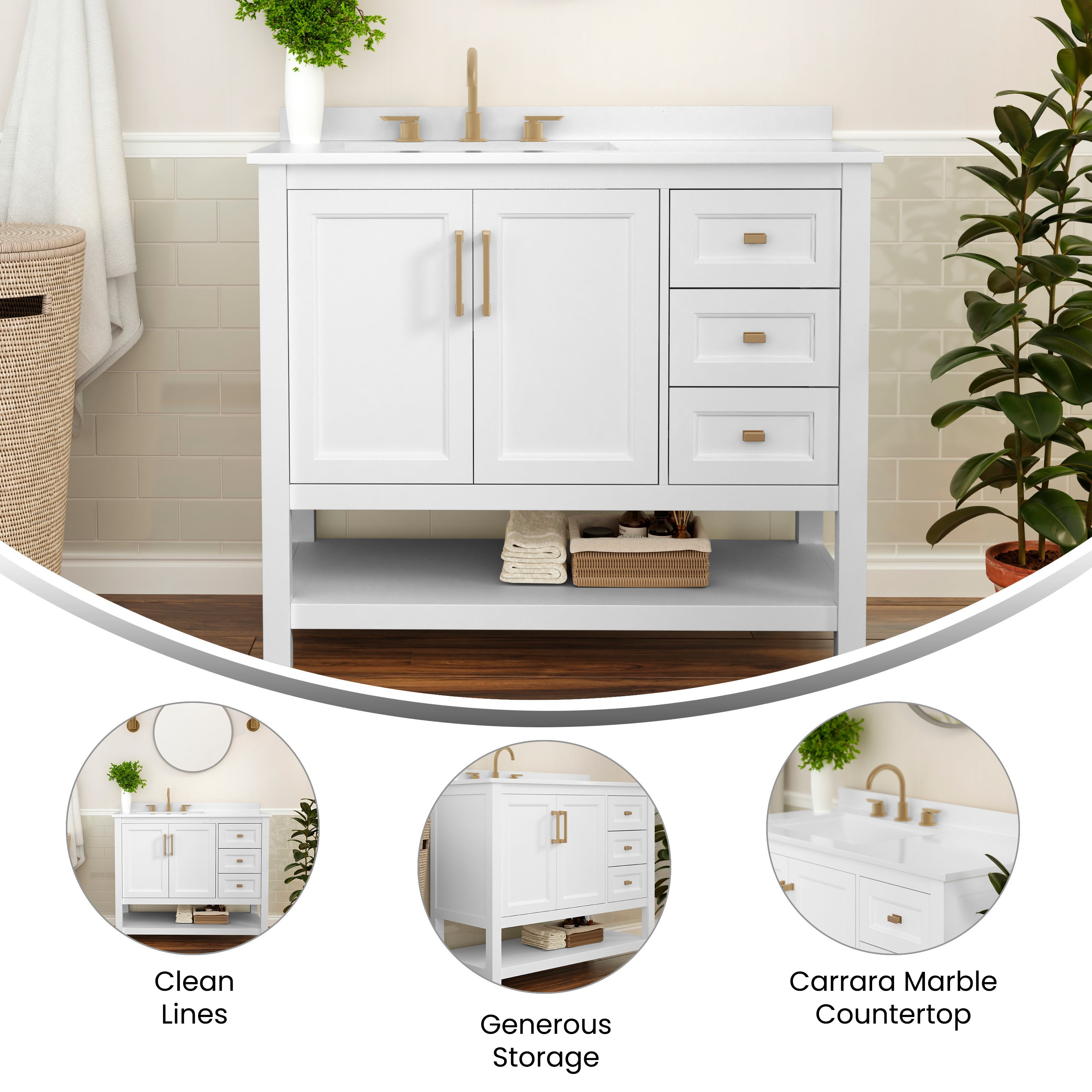 Vega 42 Inch Bathroom Vanity with Sink, Storage Cabinet with Soft Close Doors, Open Shelf and 3 Drawers, Carrara Marble Finish Countertop, White/Gold