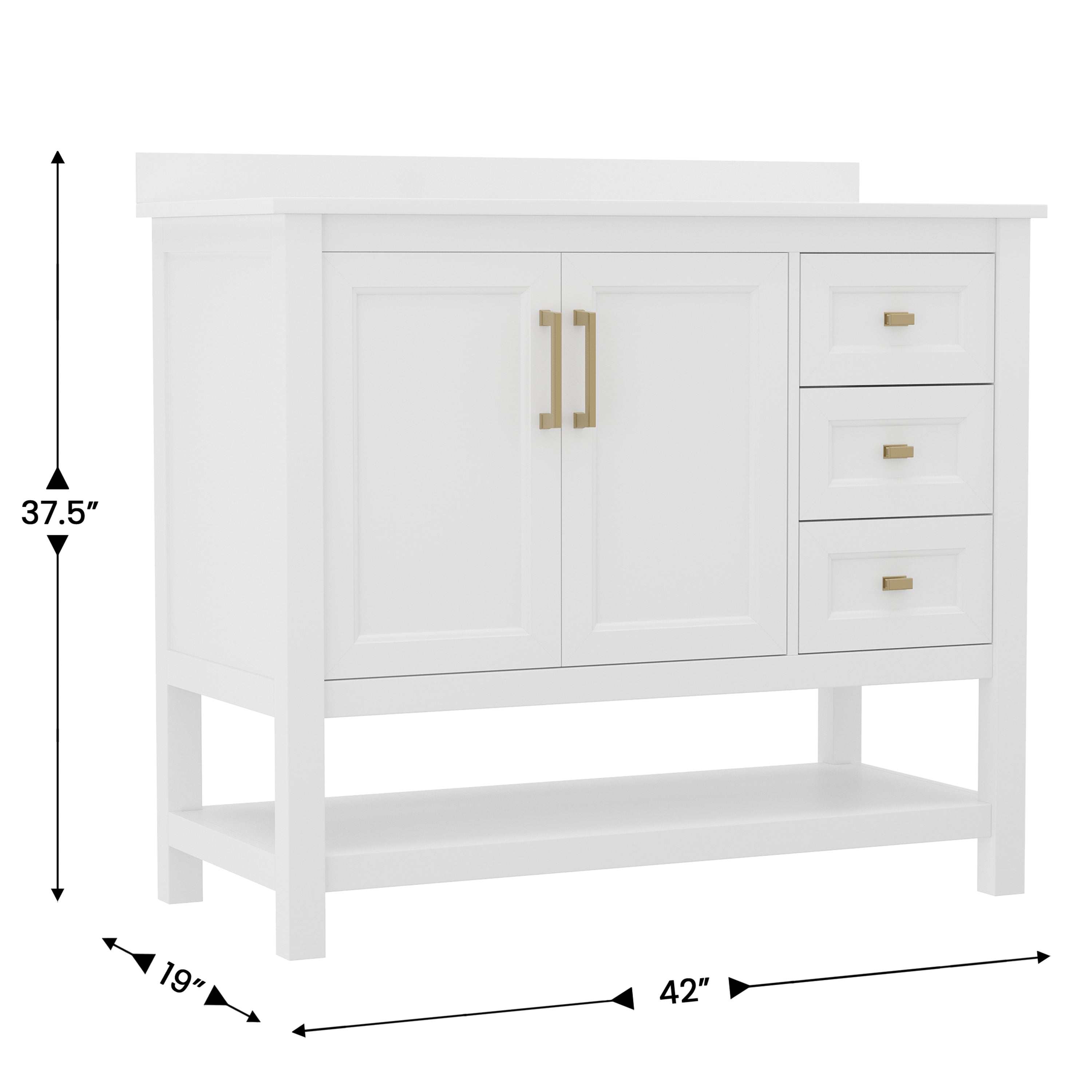 Vega 42 Inch Bathroom Vanity with Sink, Storage Cabinet with Soft Close Doors, Open Shelf and 3 Drawers, Carrara Marble Finish Countertop, White/Gold