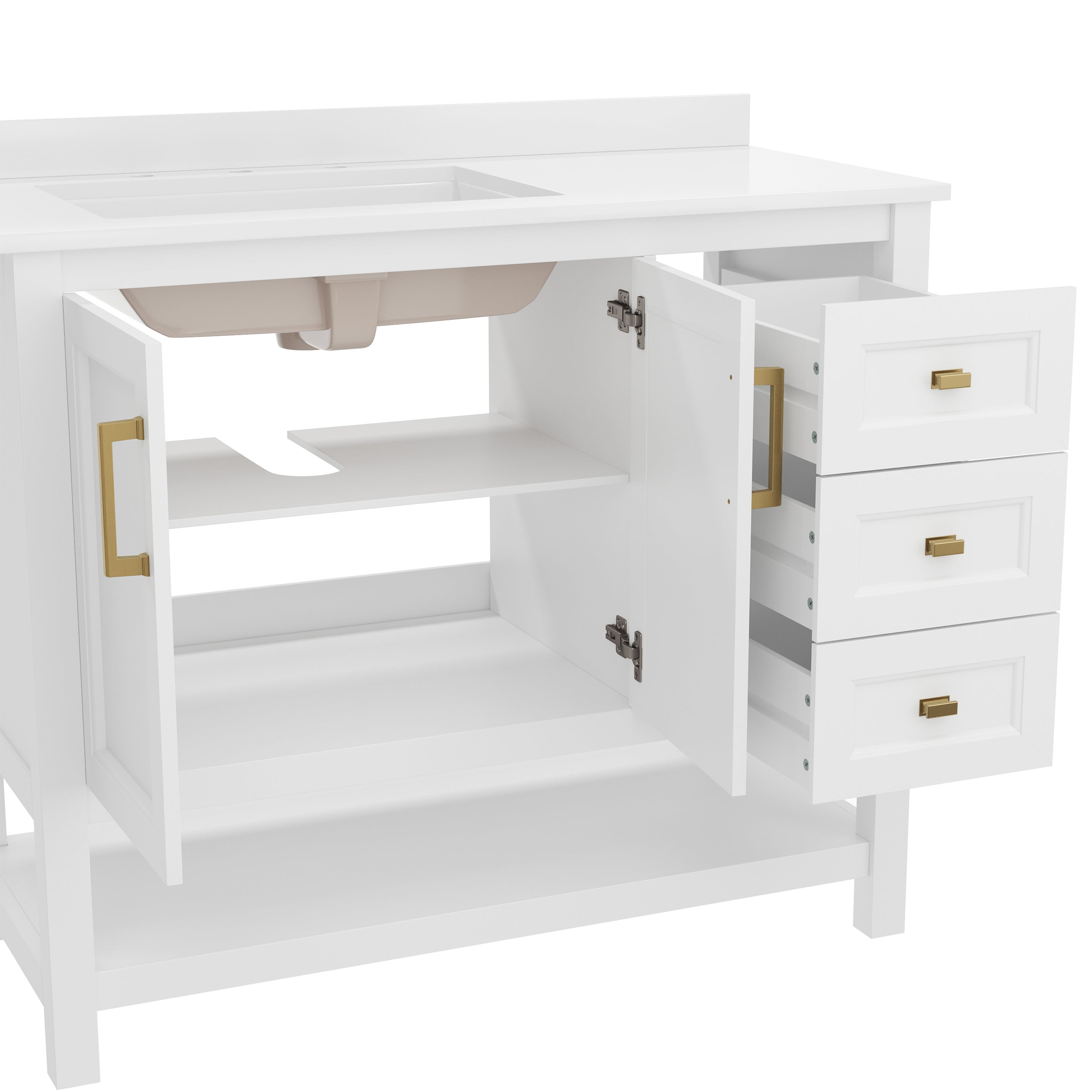 Vega 42 Inch Bathroom Vanity with Sink, Storage Cabinet with Soft Close Doors, Open Shelf and 3 Drawers, Carrara Marble Finish Countertop, White/Gold