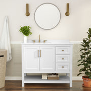 Vega 42 Inch Bathroom Vanity with Sink, Storage Cabinet with Soft Close Doors, Open Shelf and 3 Drawers, Carrara Marble Finish Countertop, White/Gold
