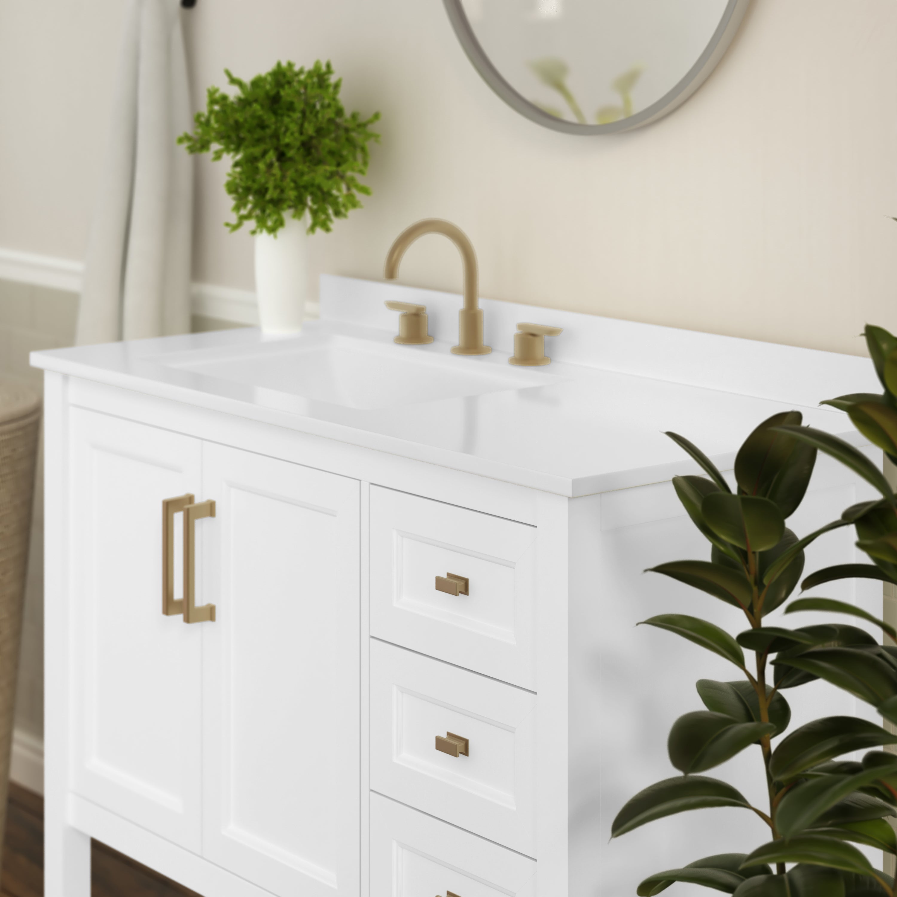 Vega 42 Inch Bathroom Vanity with Sink, Storage Cabinet with Soft Close Doors, Open Shelf and 3 Drawers, Carrara Marble Finish Countertop, White/Gold