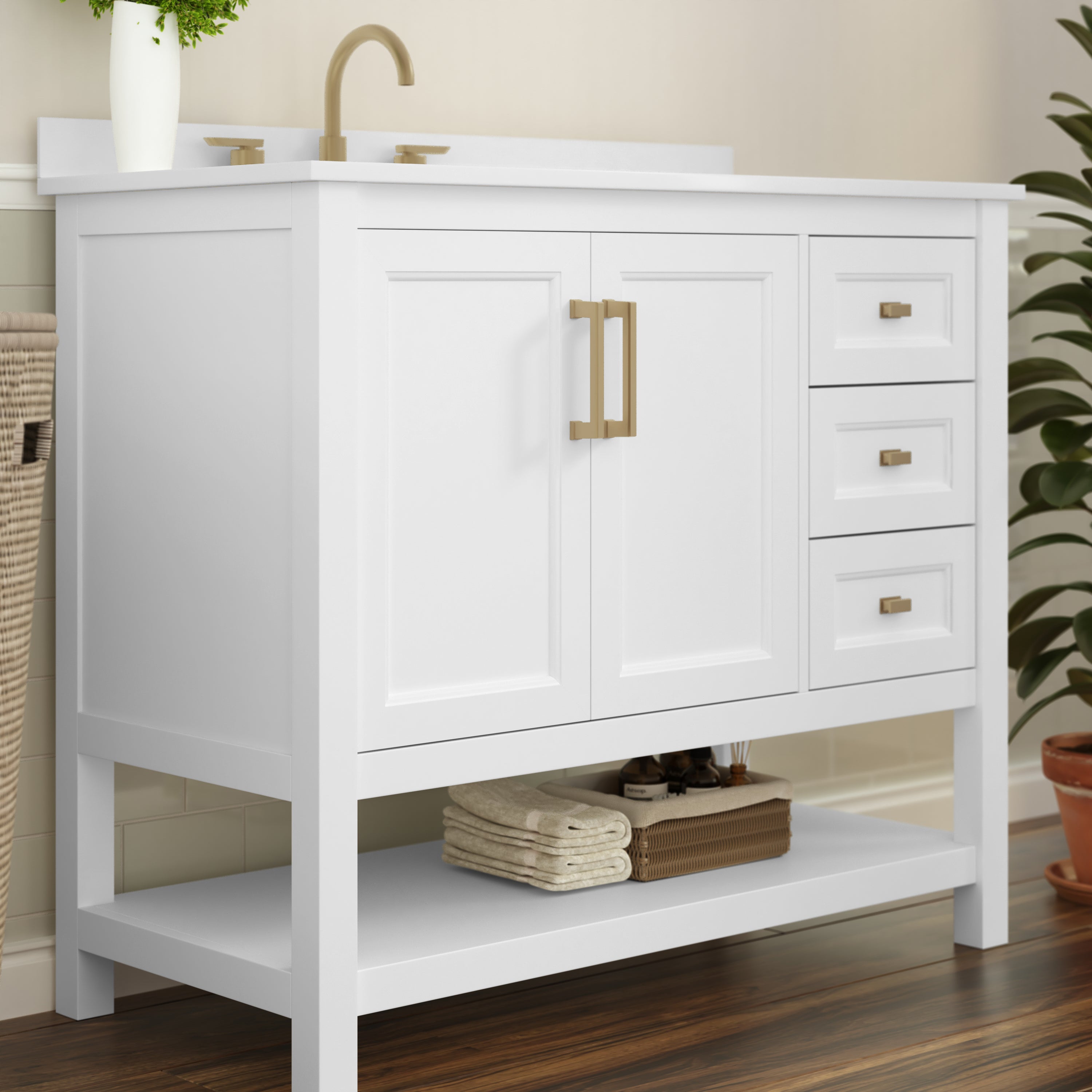 Vega 42 Inch Bathroom Vanity with Sink, Storage Cabinet with Soft Close Doors, Open Shelf and 3 Drawers, Carrara Marble Finish Countertop, White/Gold