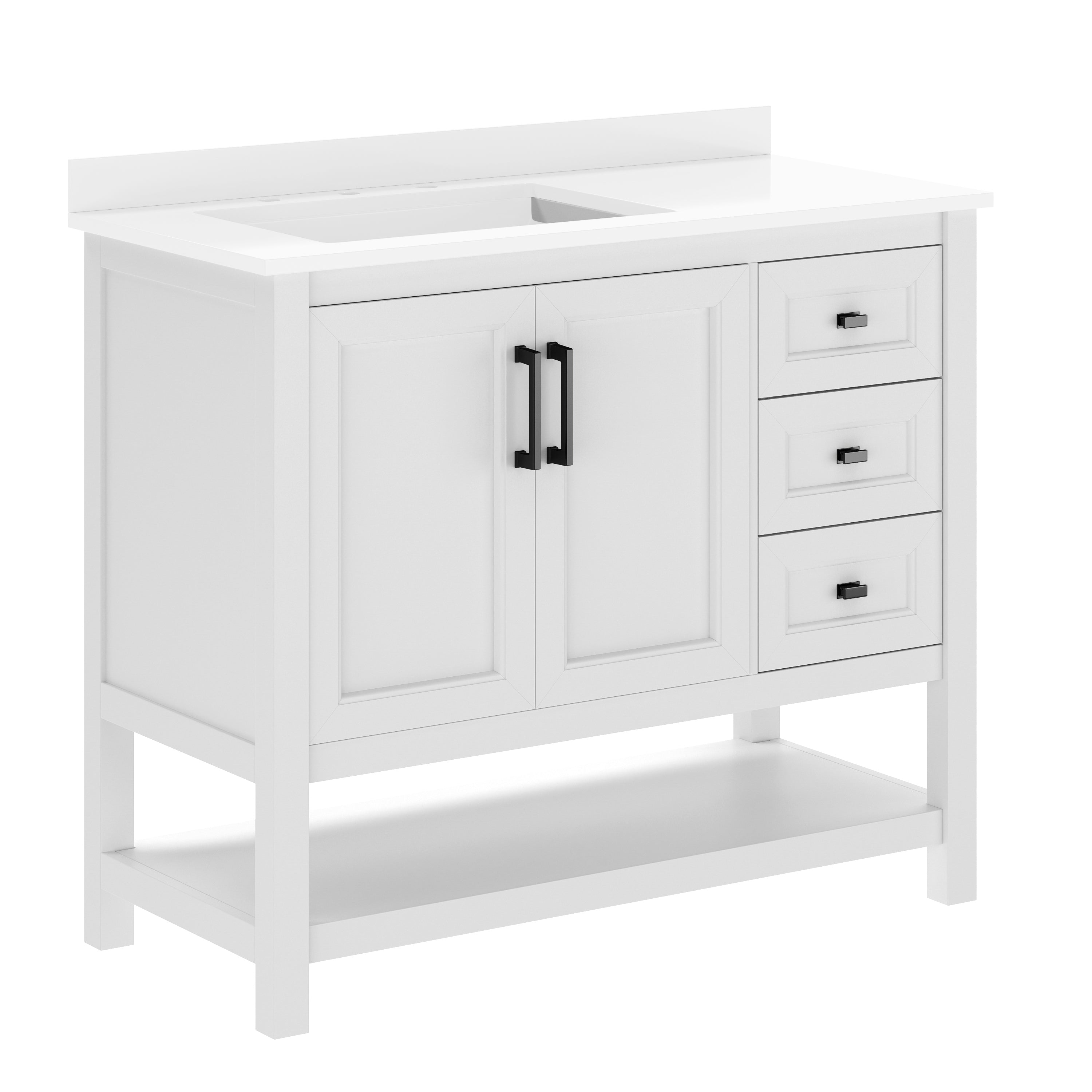 Vega 42" Bathroom Vanity with Sink, Cabinet with Black Hardware, Soft Close Doors, Open Shelf & 3 Drawers, Carrara Marble Finish Counter, White/White