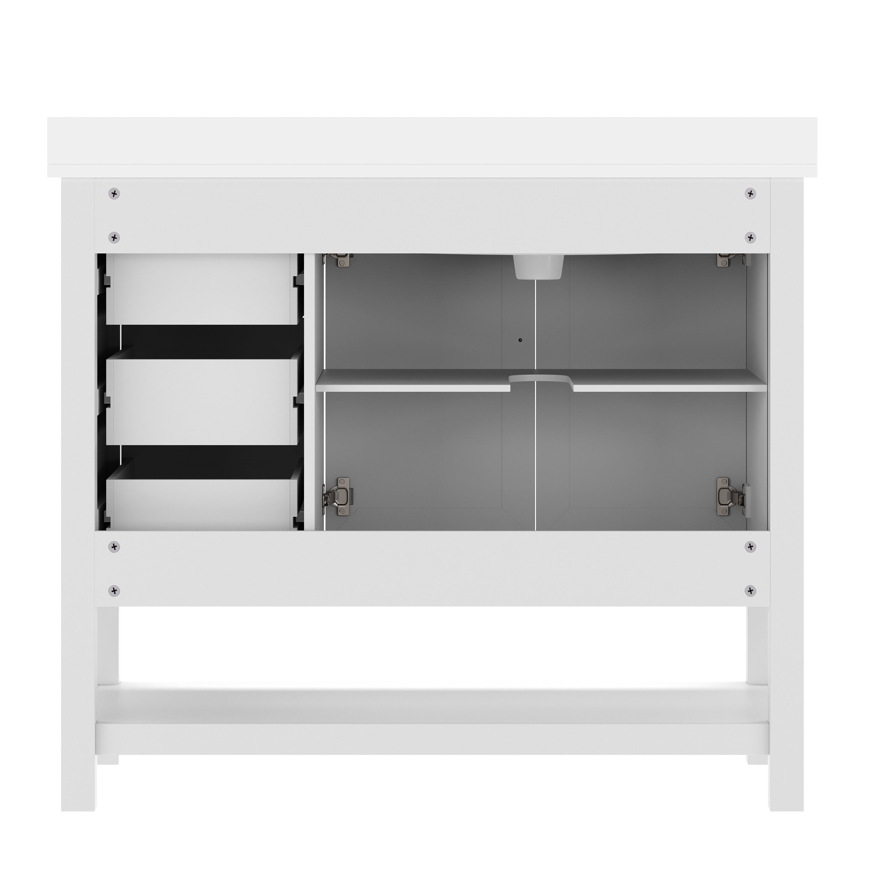 Vega 42" Bathroom Vanity with Sink, Cabinet with Black Hardware, Soft Close Doors, Open Shelf & 3 Drawers, Carrara Marble Finish Counter, White/White