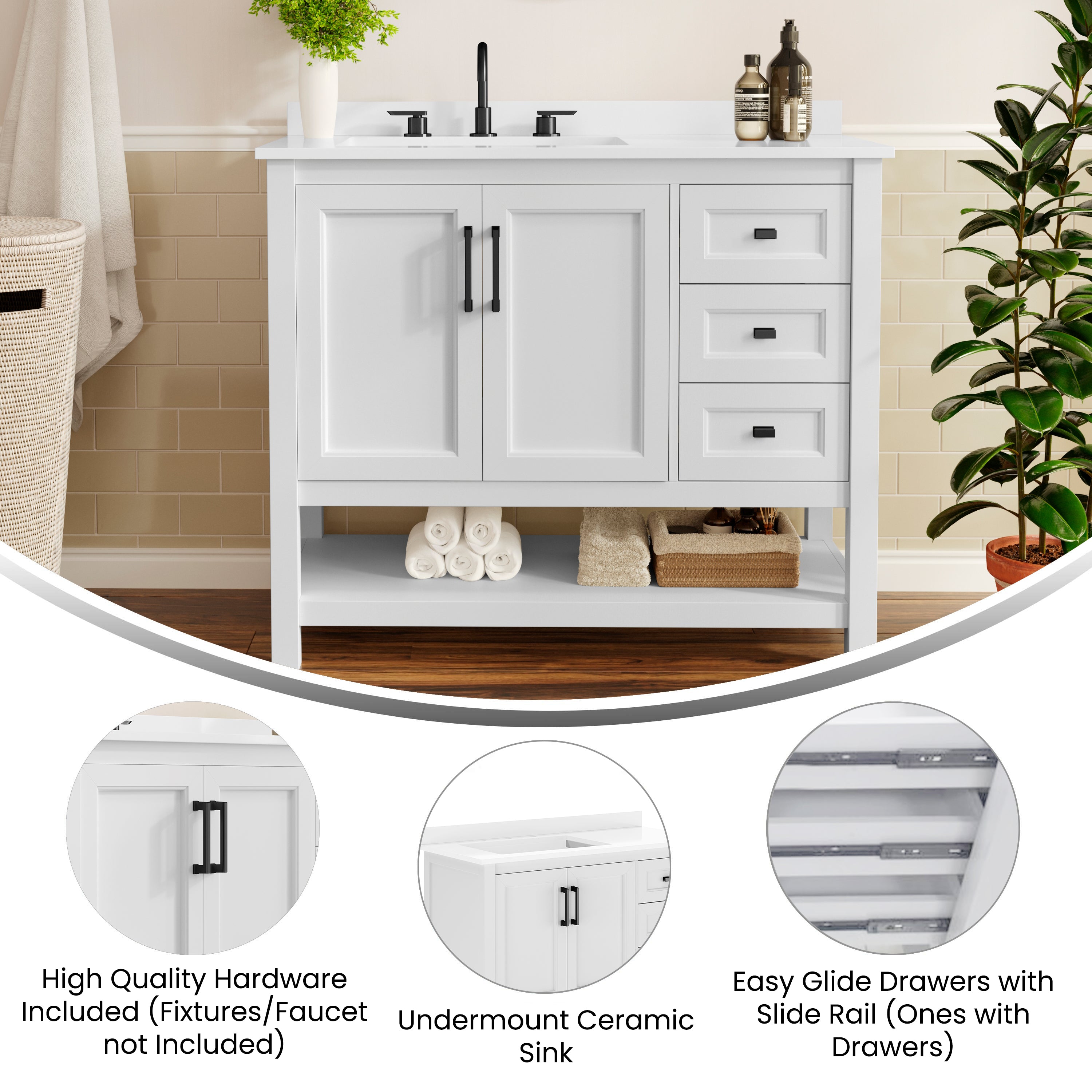 Vega 42" Bathroom Vanity with Sink, Cabinet with Black Hardware, Soft Close Doors, Open Shelf & 3 Drawers, Carrara Marble Finish Counter, White/White