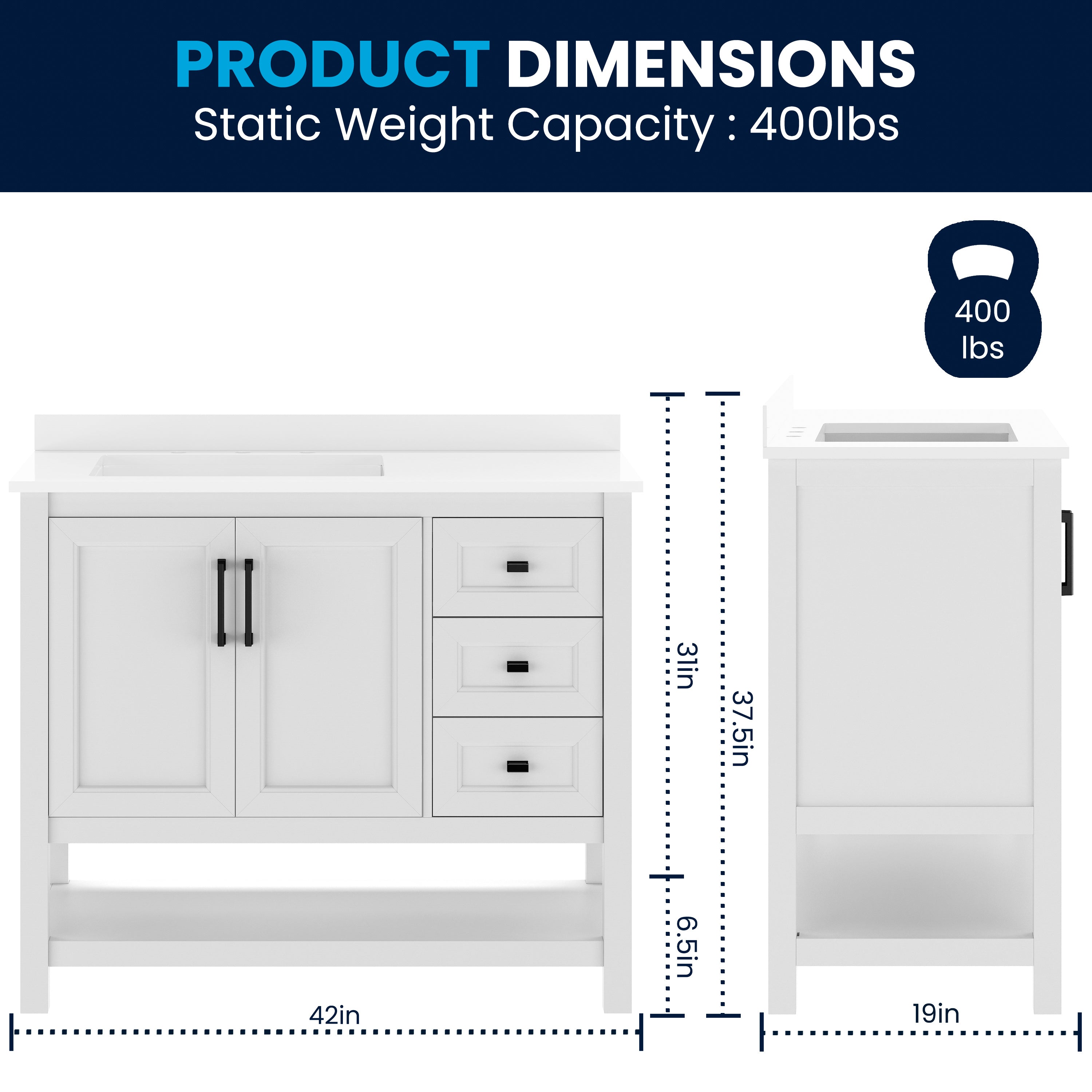Vega 42" Bathroom Vanity with Sink, Cabinet with Black Hardware, Soft Close Doors, Open Shelf & 3 Drawers, Carrara Marble Finish Counter, White/White