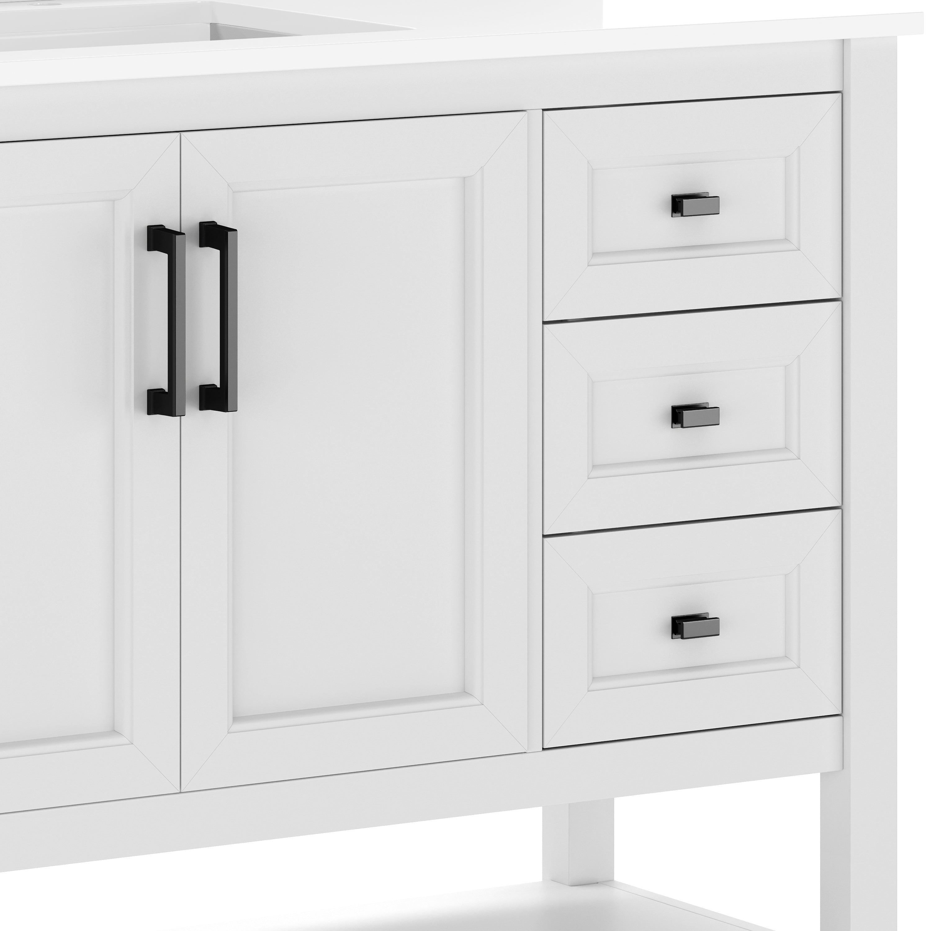 Vega 42" Bathroom Vanity with Sink, Cabinet with Black Hardware, Soft Close Doors, Open Shelf & 3 Drawers, Carrara Marble Finish Counter, White/White