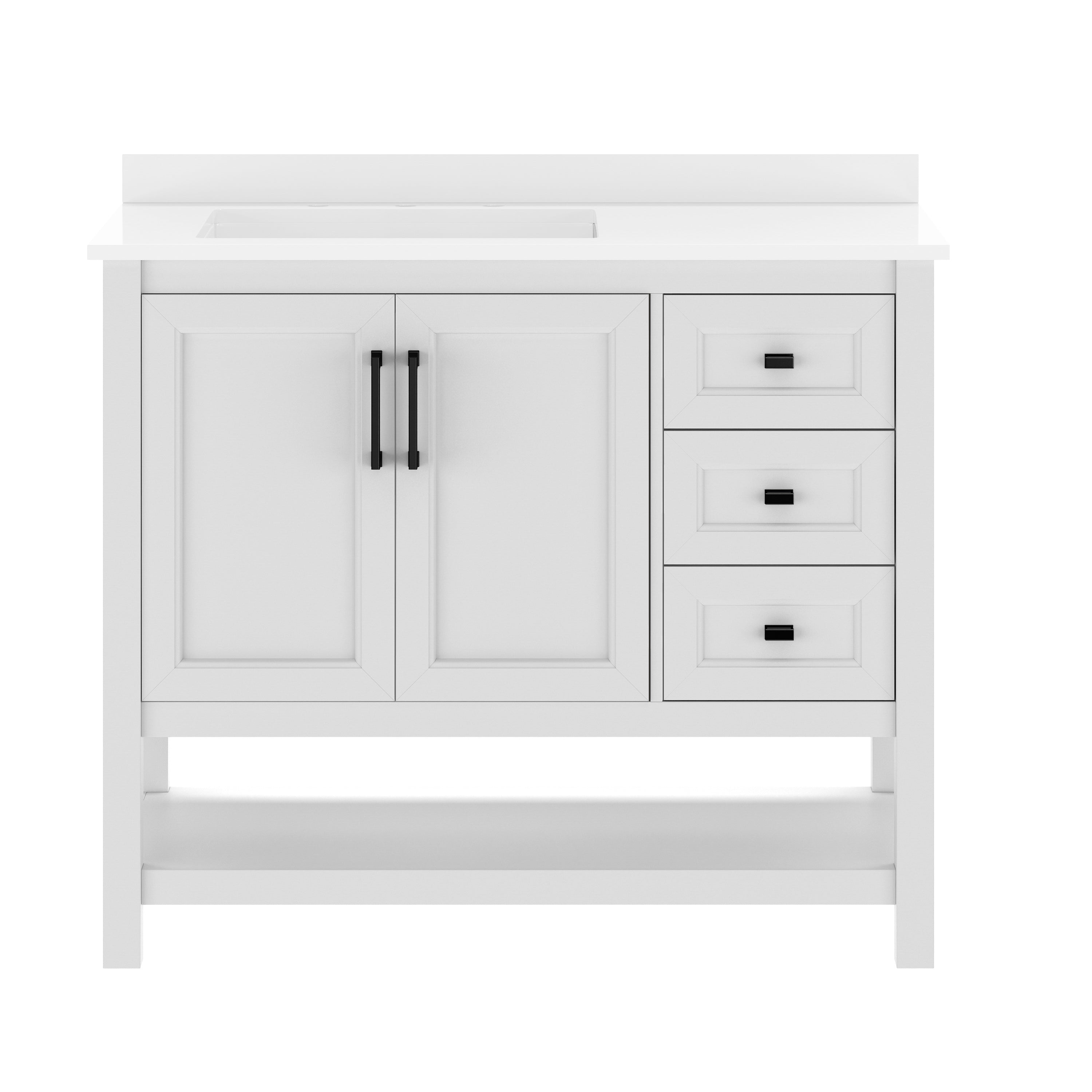 Vega 42" Bathroom Vanity with Sink, Cabinet with Black Hardware, Soft Close Doors, Open Shelf & 3 Drawers, Carrara Marble Finish Counter, White/White