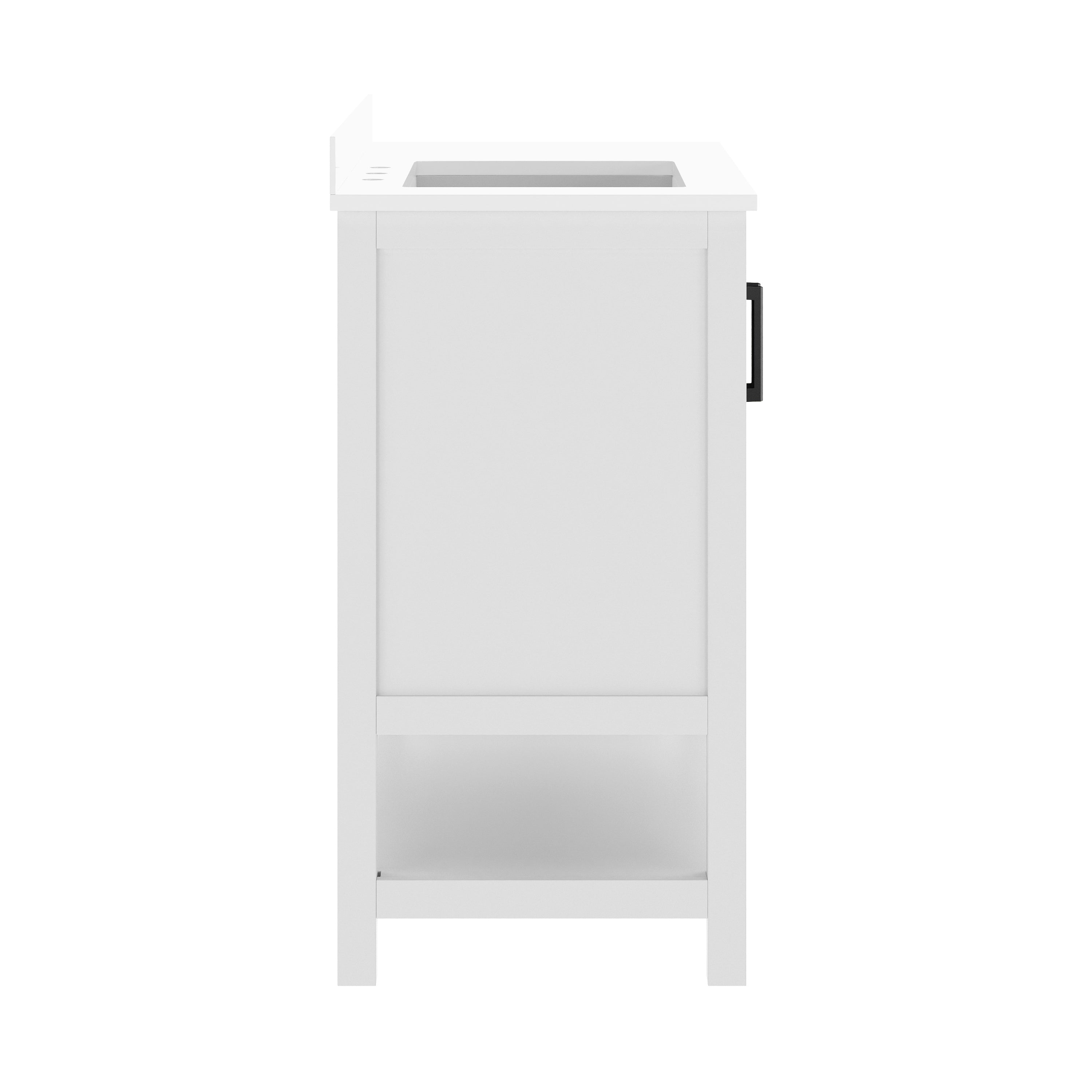 Vega 42" Bathroom Vanity with Sink, Cabinet with Black Hardware, Soft Close Doors, Open Shelf & 3 Drawers, Carrara Marble Finish Counter, White/White