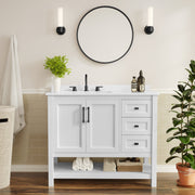 Vega 42" Bathroom Vanity with Sink, Cabinet with Black Hardware, Soft Close Doors, Open Shelf & 3 Drawers, Carrara Marble Finish Counter, White/White
