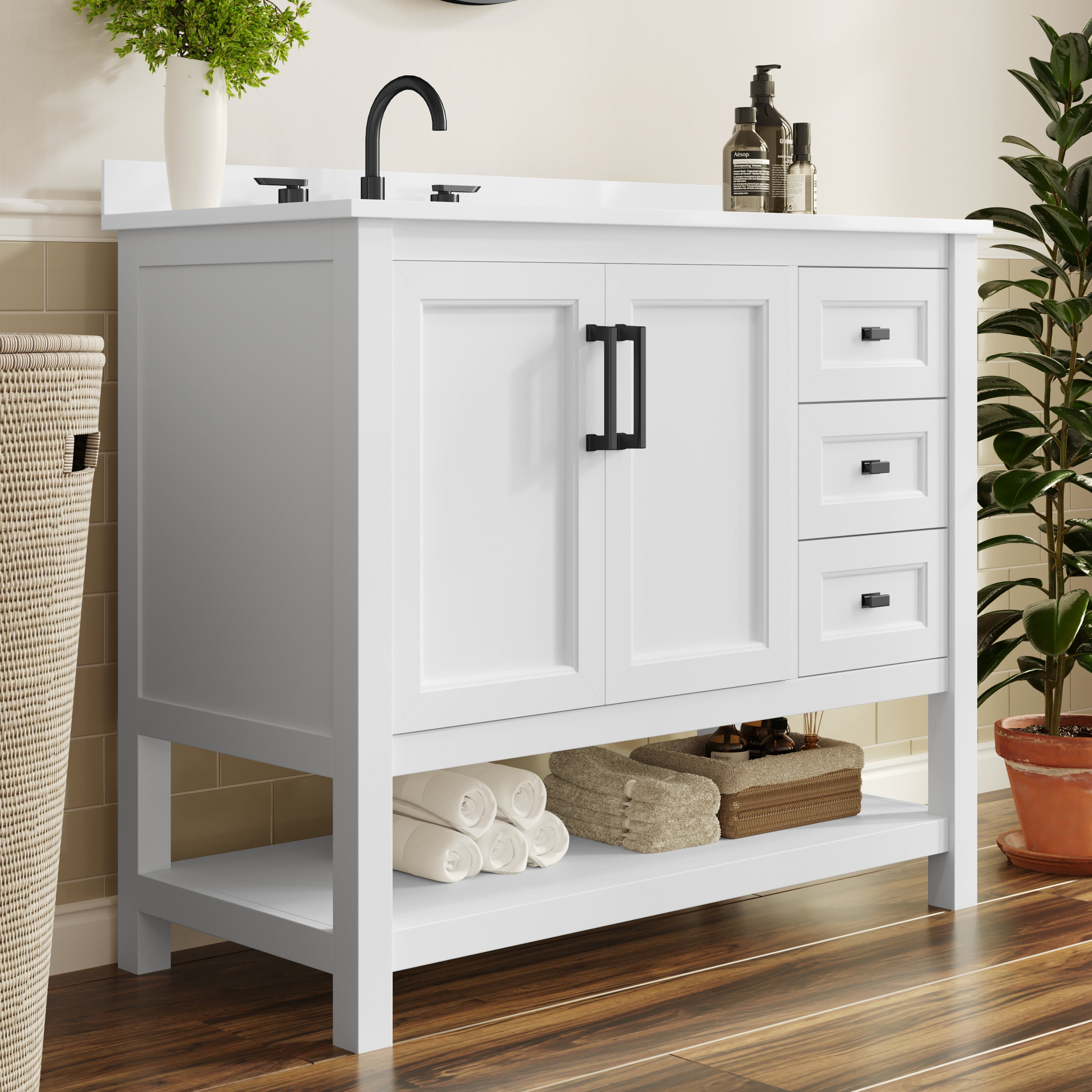 Vega 42" Bathroom Vanity with Sink, Cabinet with Black Hardware, Soft Close Doors, Open Shelf & 3 Drawers, Carrara Marble Finish Counter, White/White