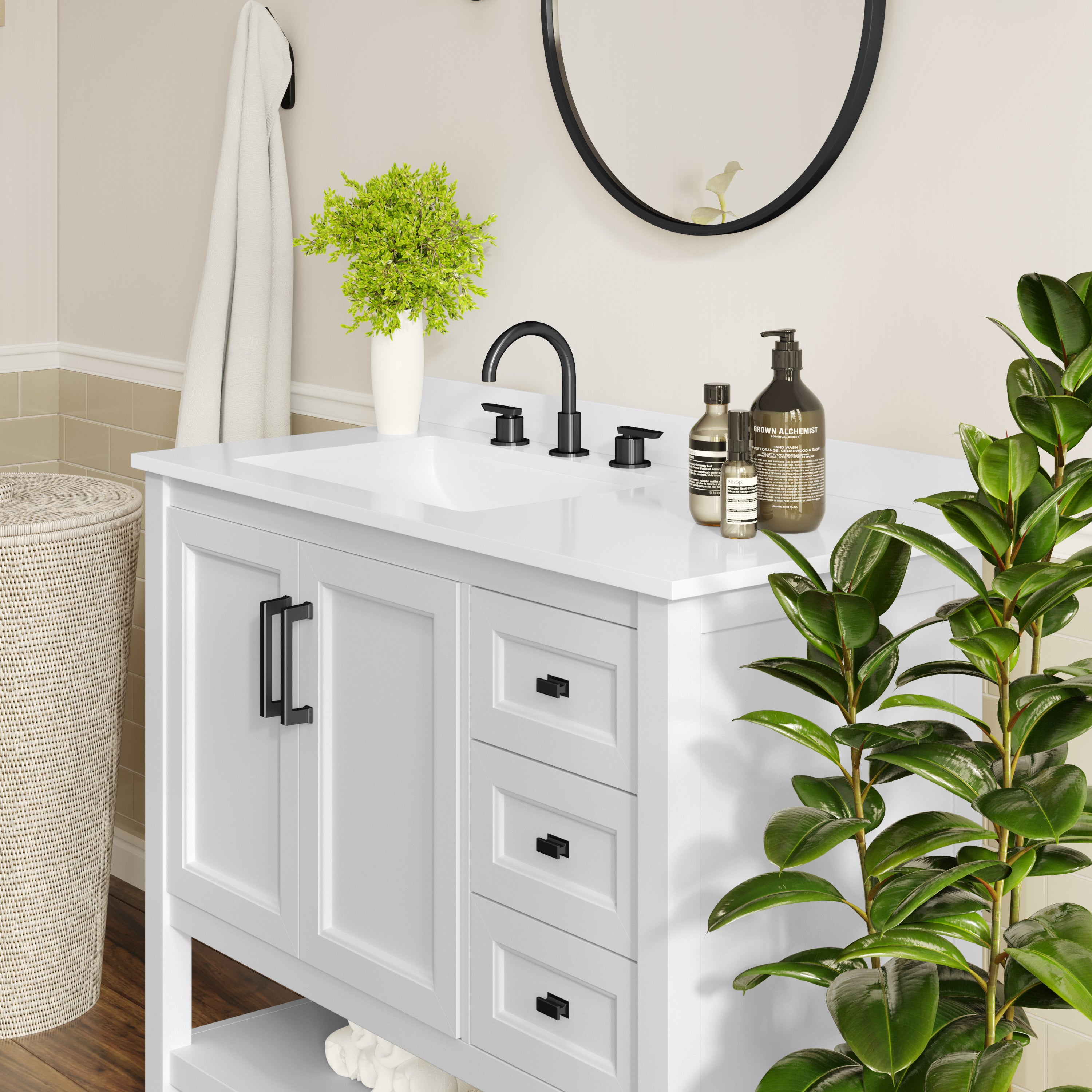 Vega 42" Bathroom Vanity with Sink, Cabinet with Black Hardware, Soft Close Doors, Open Shelf & 3 Drawers, Carrara Marble Finish Counter, White/White