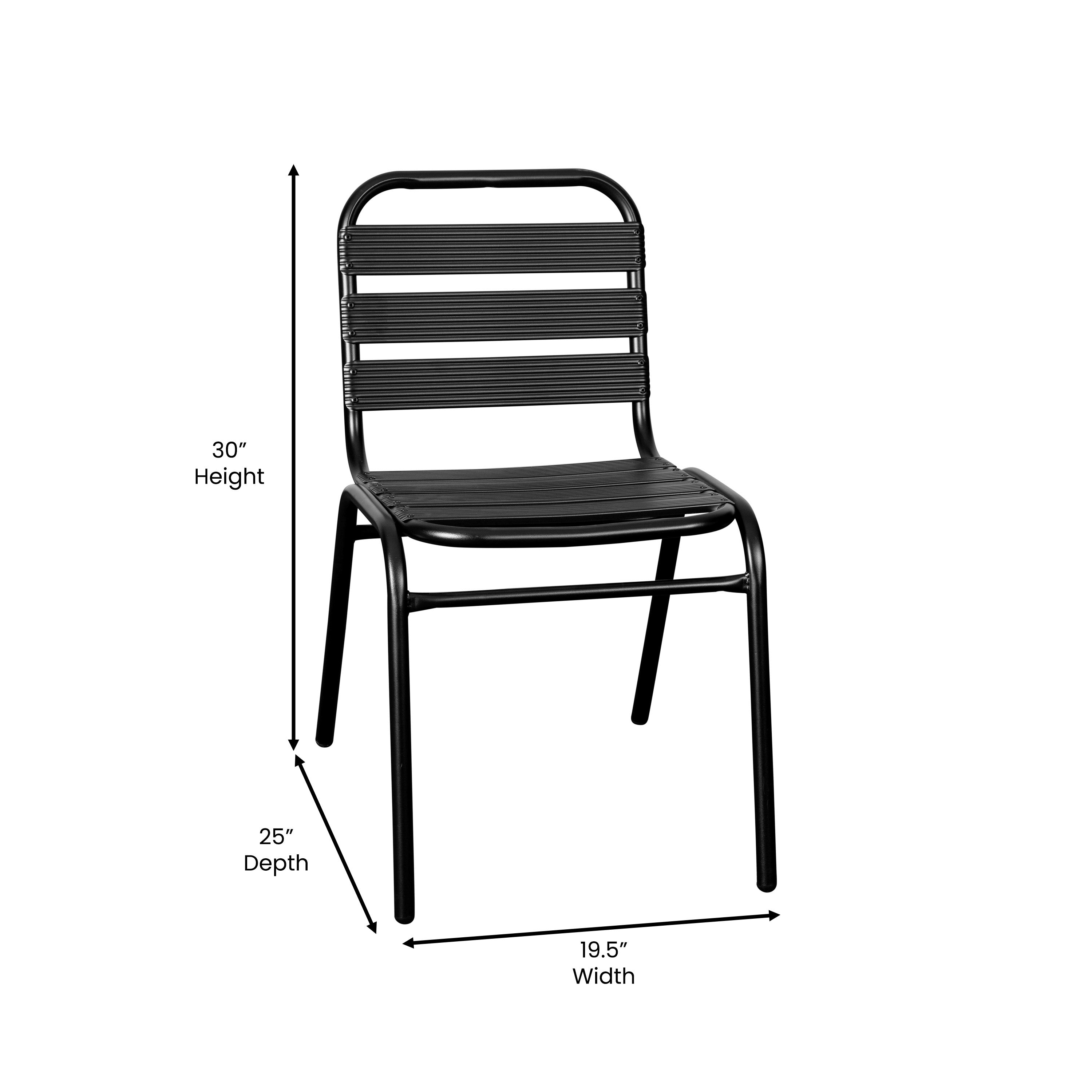 Lila 5 Piece Commercial Outdoor Patio Dining Set with 47" Glass Patio Table, 2 Black Triple Slat Chairs and 2 Black Triple Slat Chairs with Arms