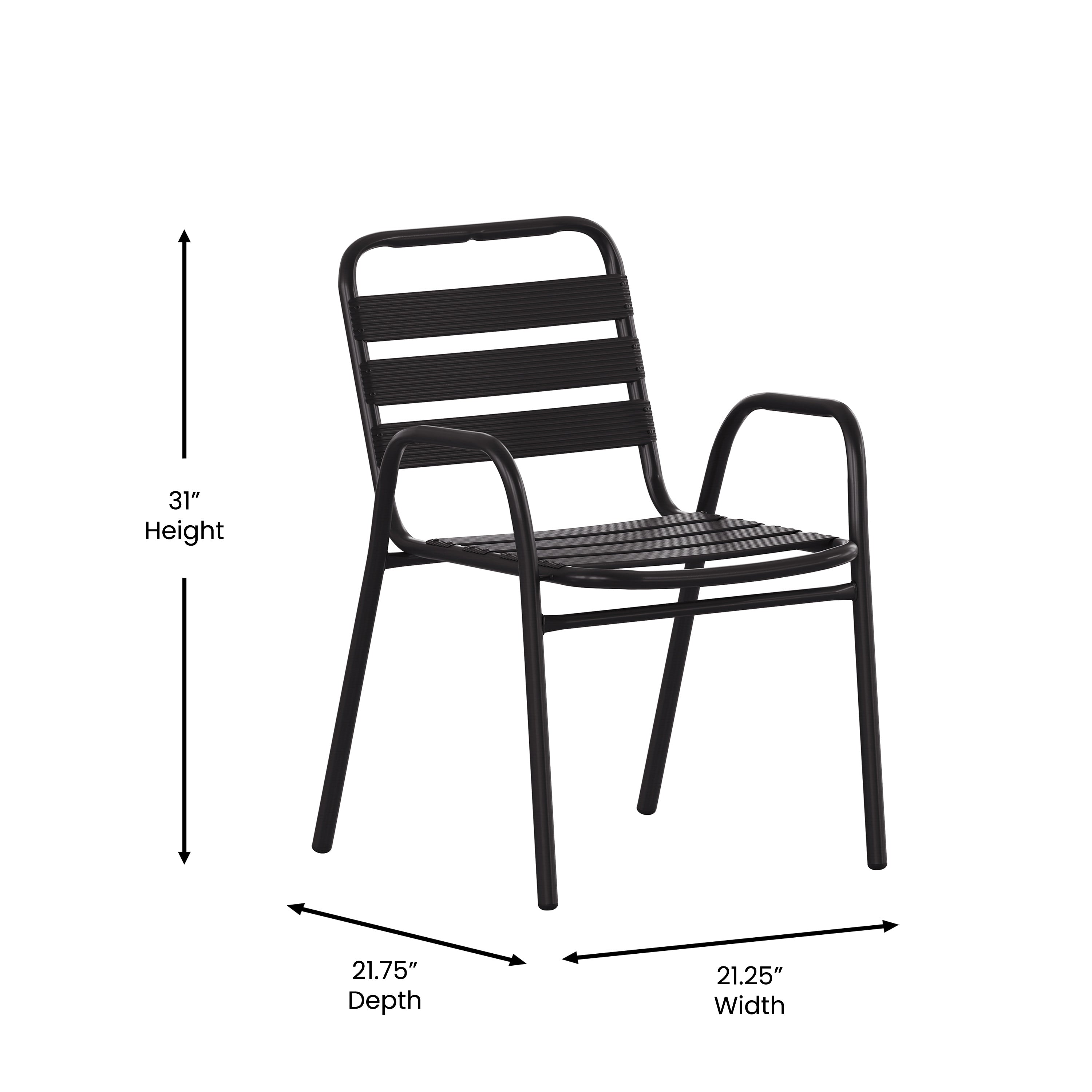 Lila 5 Piece Commercial Outdoor Patio Dining Set with 47" Glass Patio Table, 2 Black Triple Slat Chairs and 2 Black Triple Slat Chairs with Arms