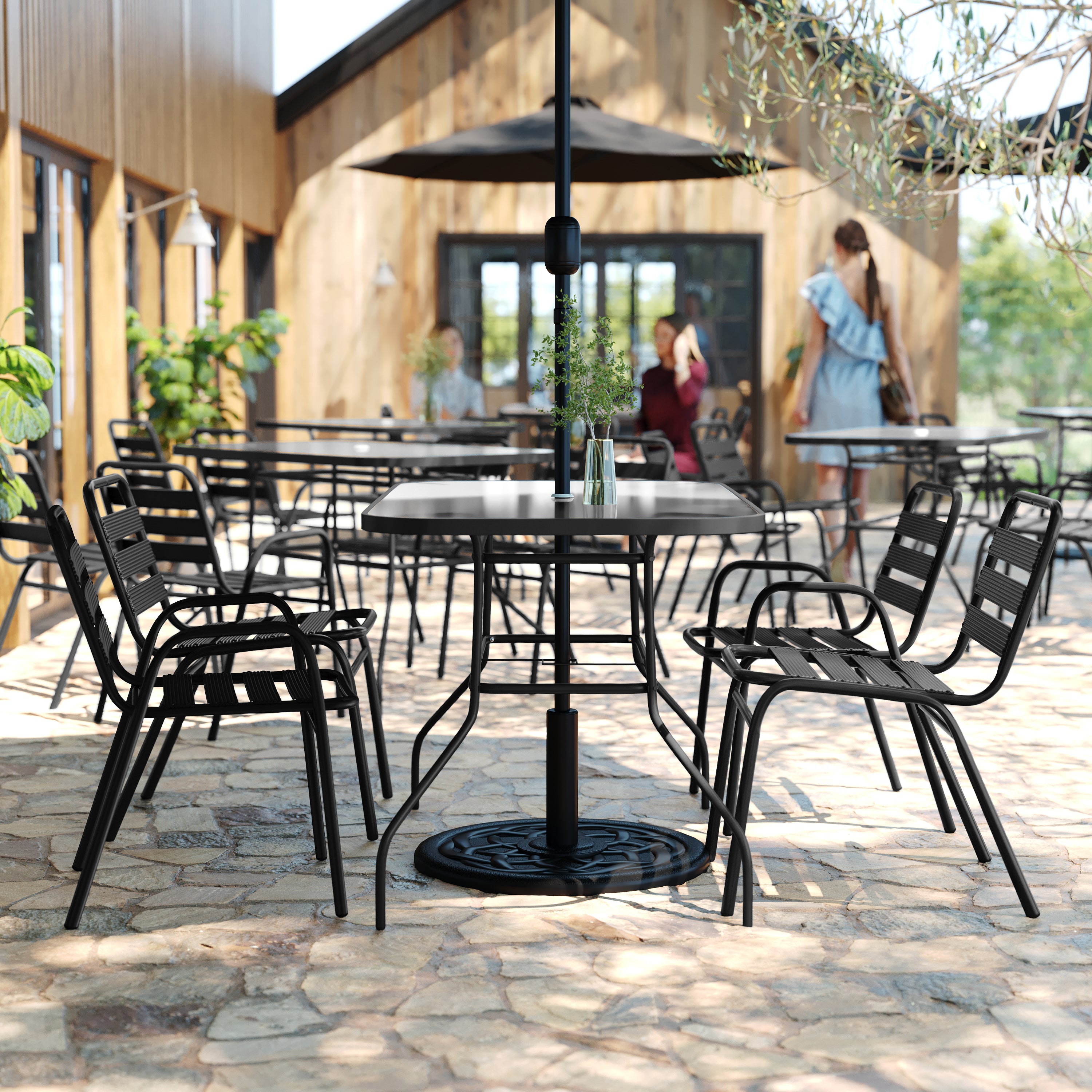 Lila 5 Piece Commercial Outdoor Patio Dining Set with 47" Glass Patio Table, 2 Black Triple Slat Chairs and 2 Black Triple Slat Chairs with Arms