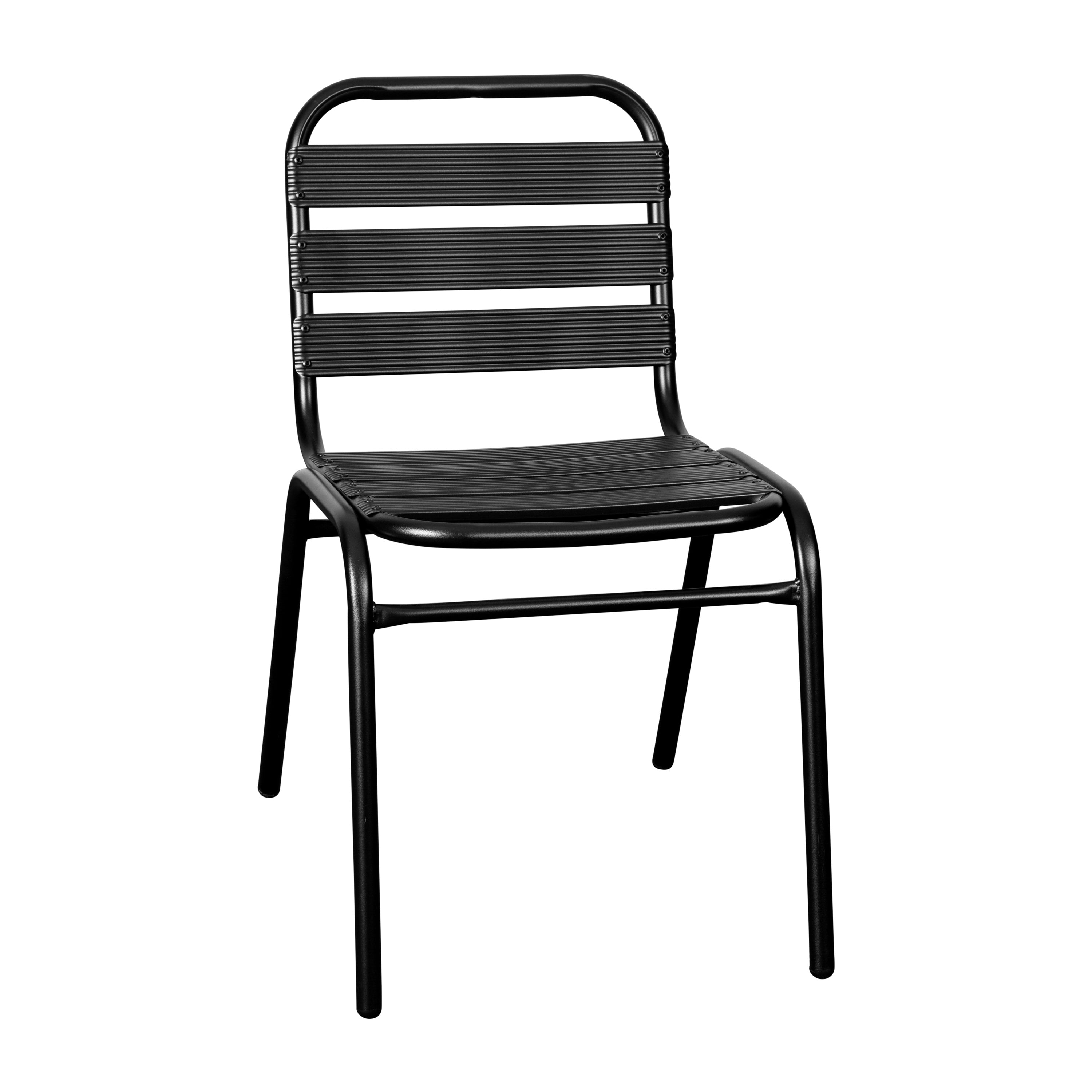 Lila 5 Piece Commercial Outdoor Patio Dining Set with 47" Glass Patio Table, 2 Black Triple Slat Chairs and 2 Black Triple Slat Chairs with Arms