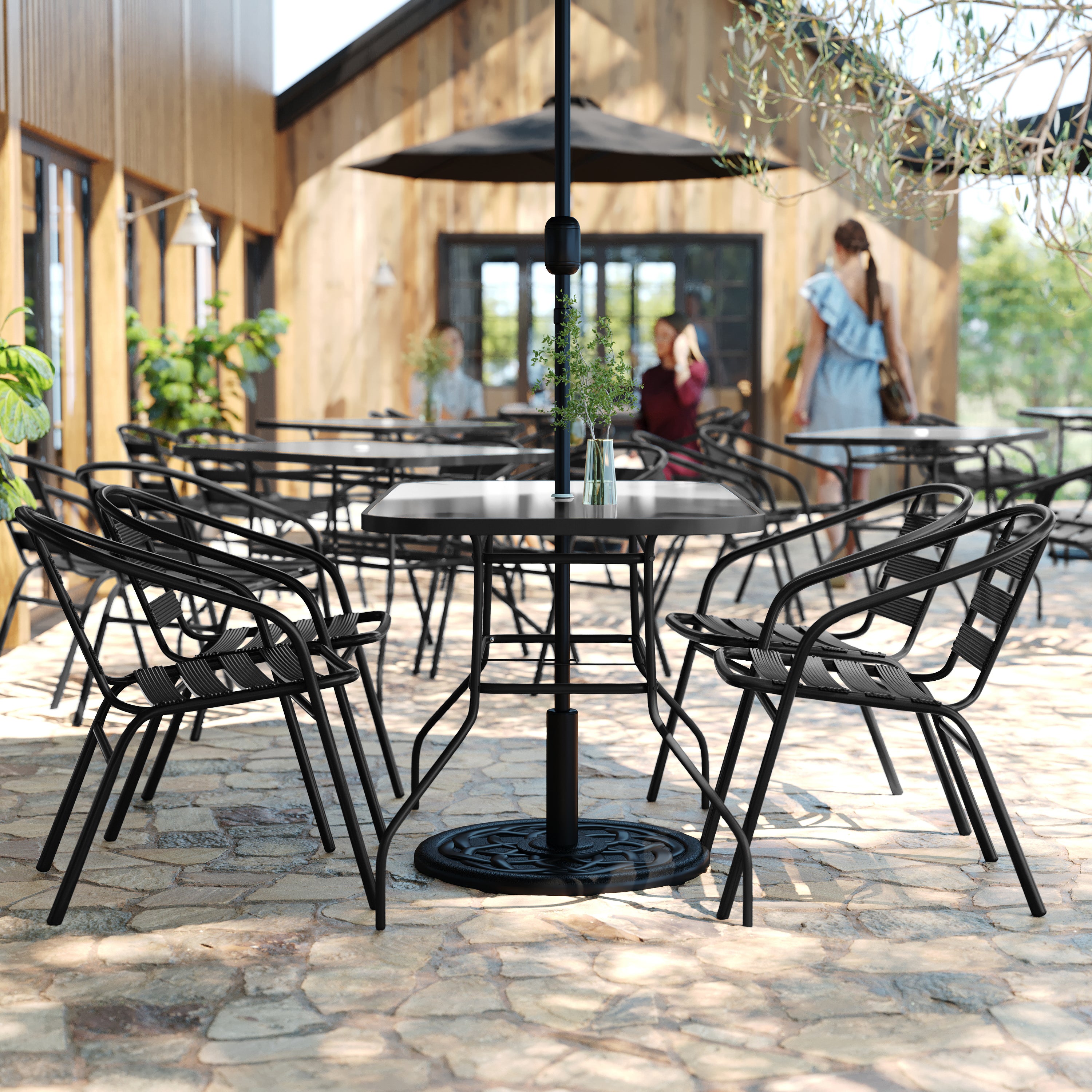 Lila 5 Piece Commercial Outdoor Patio Dining Set with 47" Tempered Glass Patio Table with Umbrella Hole and 4 Black Triple Slat Chairs
