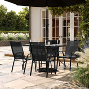 Brazos 5 Piece Commercial Grade Patio Dining Set with Tempered Glass Patio Table with 4 Chairs with Black Flex Comfort Material Seats and Backs
