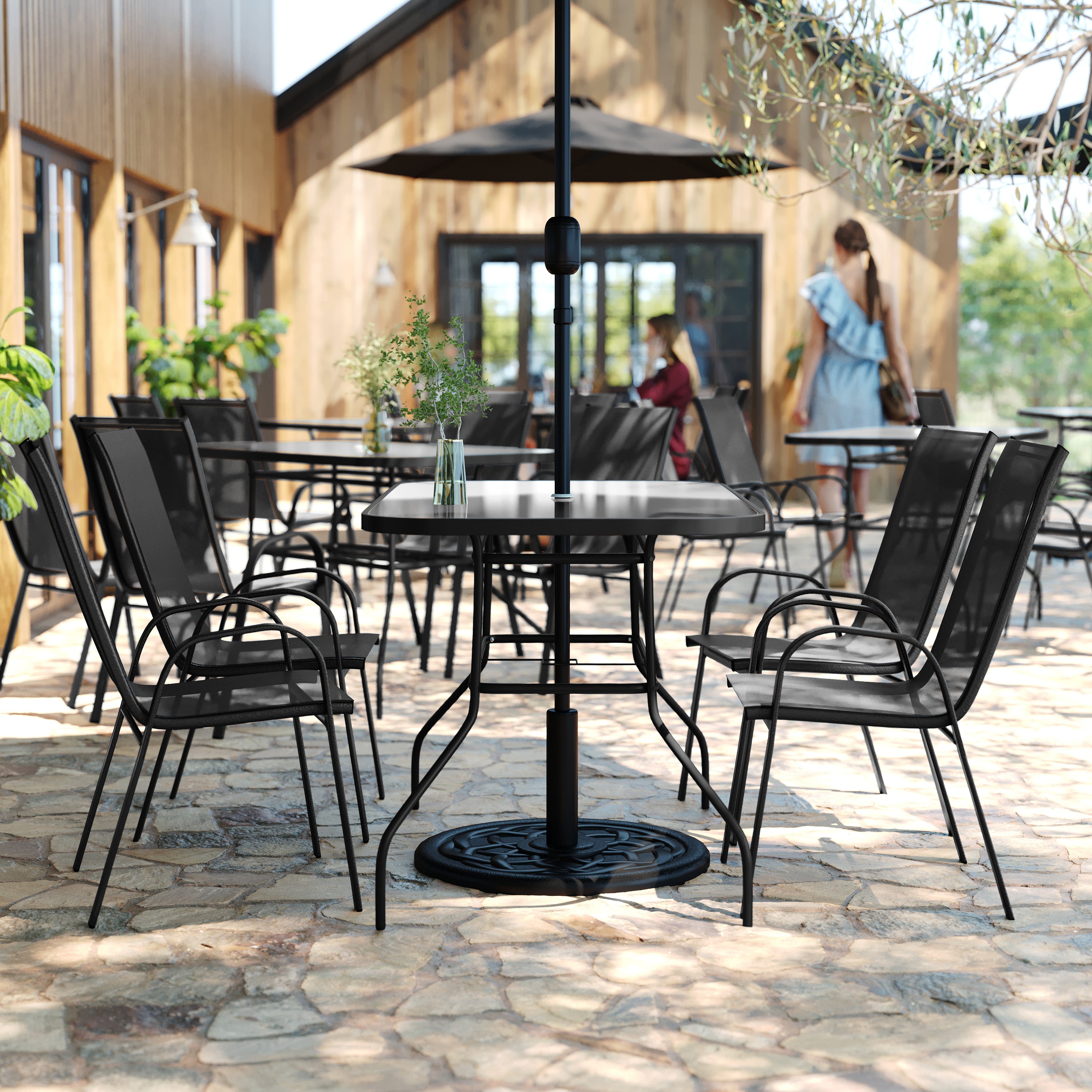 Brazos 5 Piece Commercial Grade Patio Dining Set with Tempered Glass Patio Table with 4 Chairs with Black Flex Comfort Material Seats and Backs