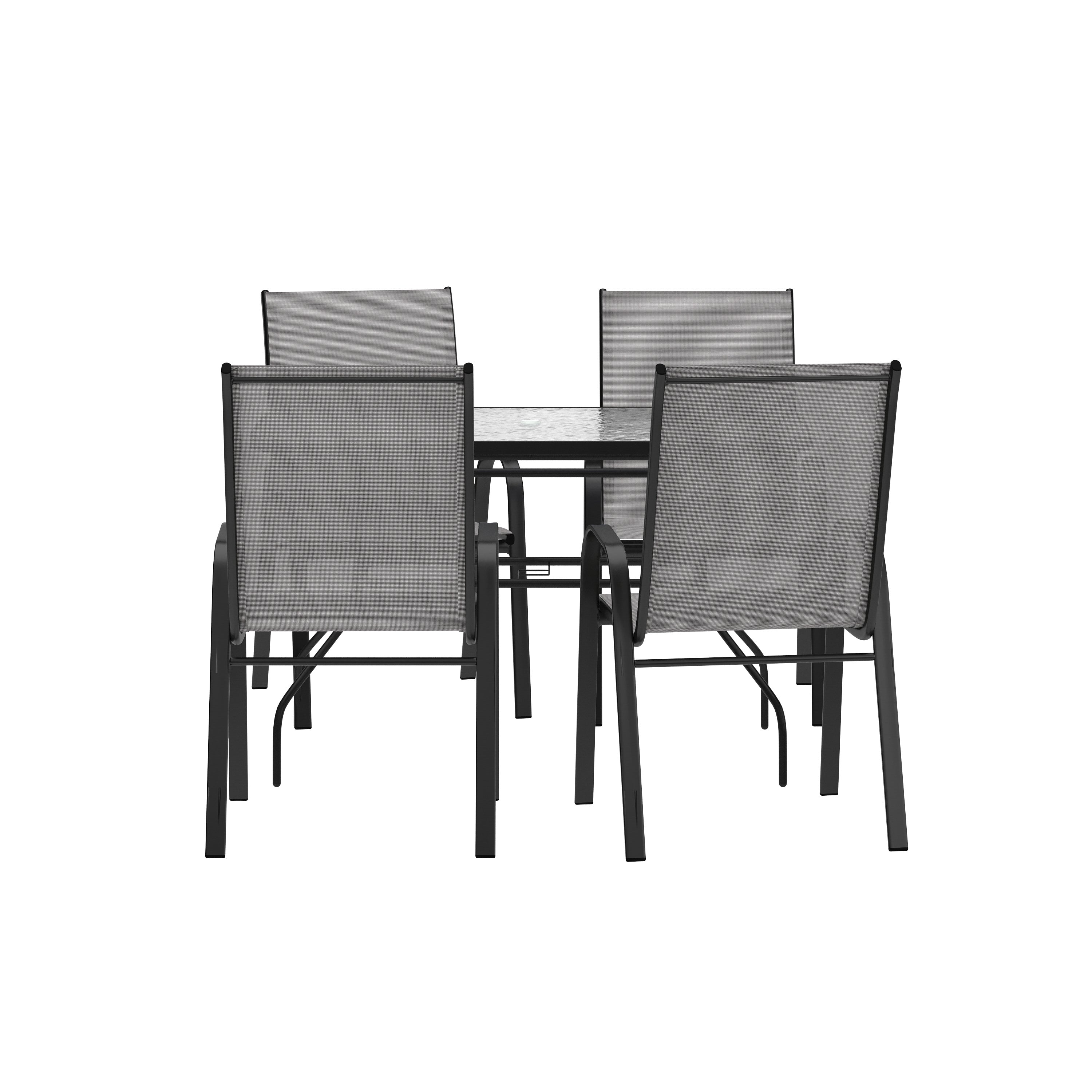 Brazos 5 Piece Commercial Grade Patio Dining Set with Tempered Glass Patio Table with 4 Chairs with Gray Flex Comfort Material Seats and Backs