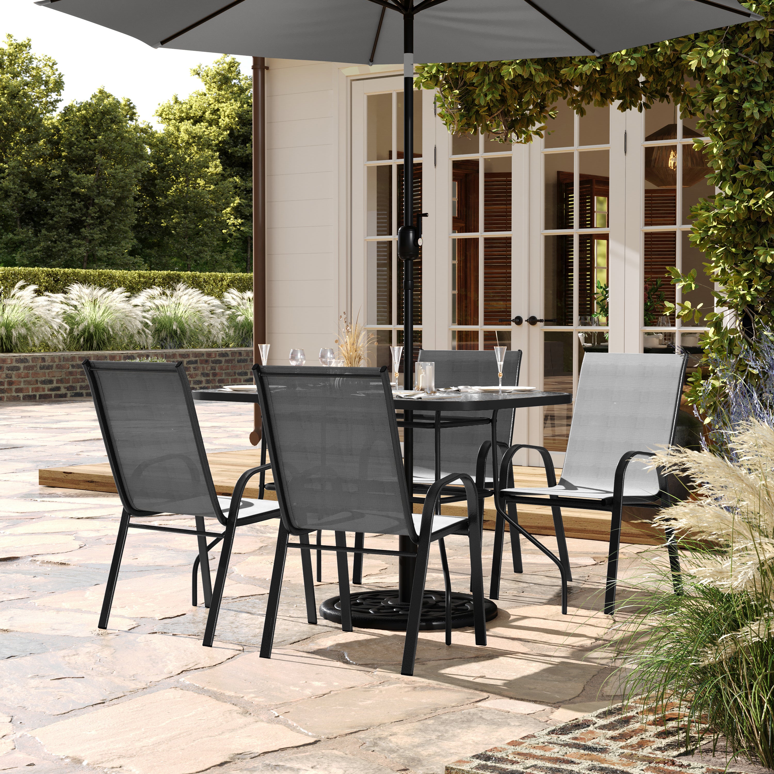 Brazos 5 Piece Commercial Grade Patio Dining Set with Tempered Glass Patio Table with 4 Chairs with Gray Flex Comfort Material Seats and Backs