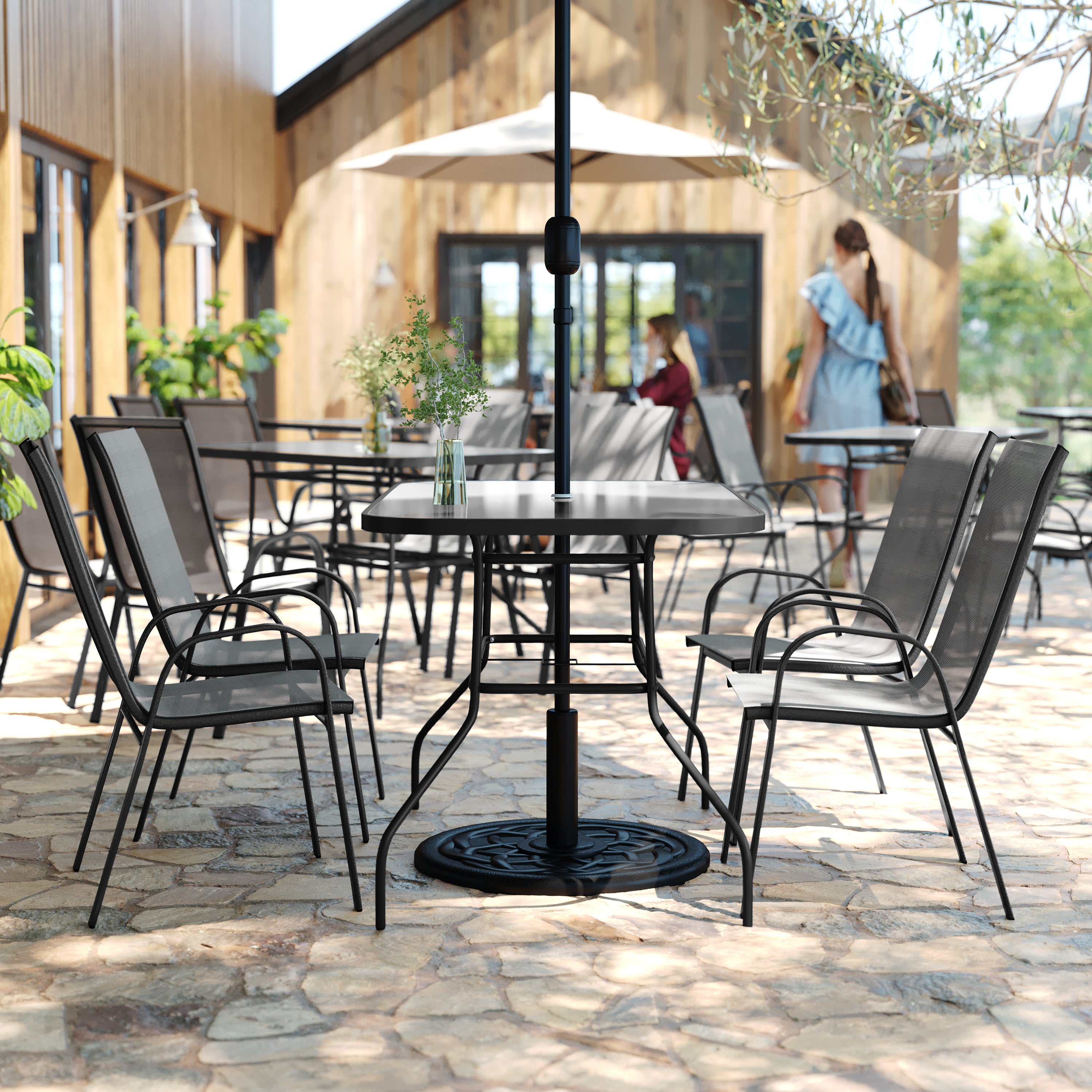 Brazos 5 Piece Commercial Grade Patio Dining Set with Tempered Glass Patio Table with 4 Chairs with Gray Flex Comfort Material Seats and Backs