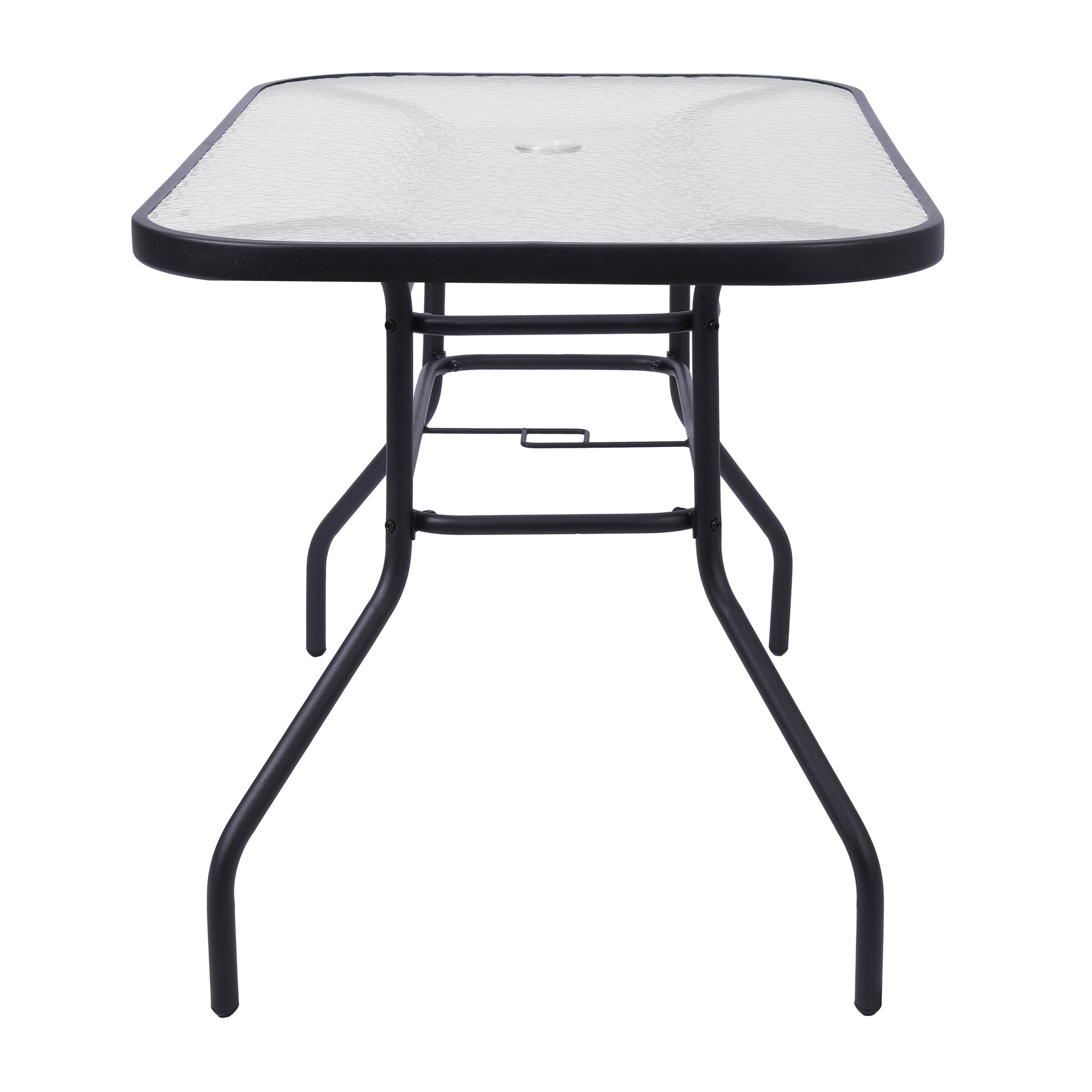 Brazos 5 Piece Commercial Grade Patio Dining Set with Tempered Glass Patio Table with 4 Chairs with Navy Flex Comfort Material Seats and Backs