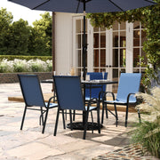 Brazos 5 Piece Commercial Grade Patio Dining Set with Tempered Glass Patio Table with 4 Chairs with Navy Flex Comfort Material Seats and Backs