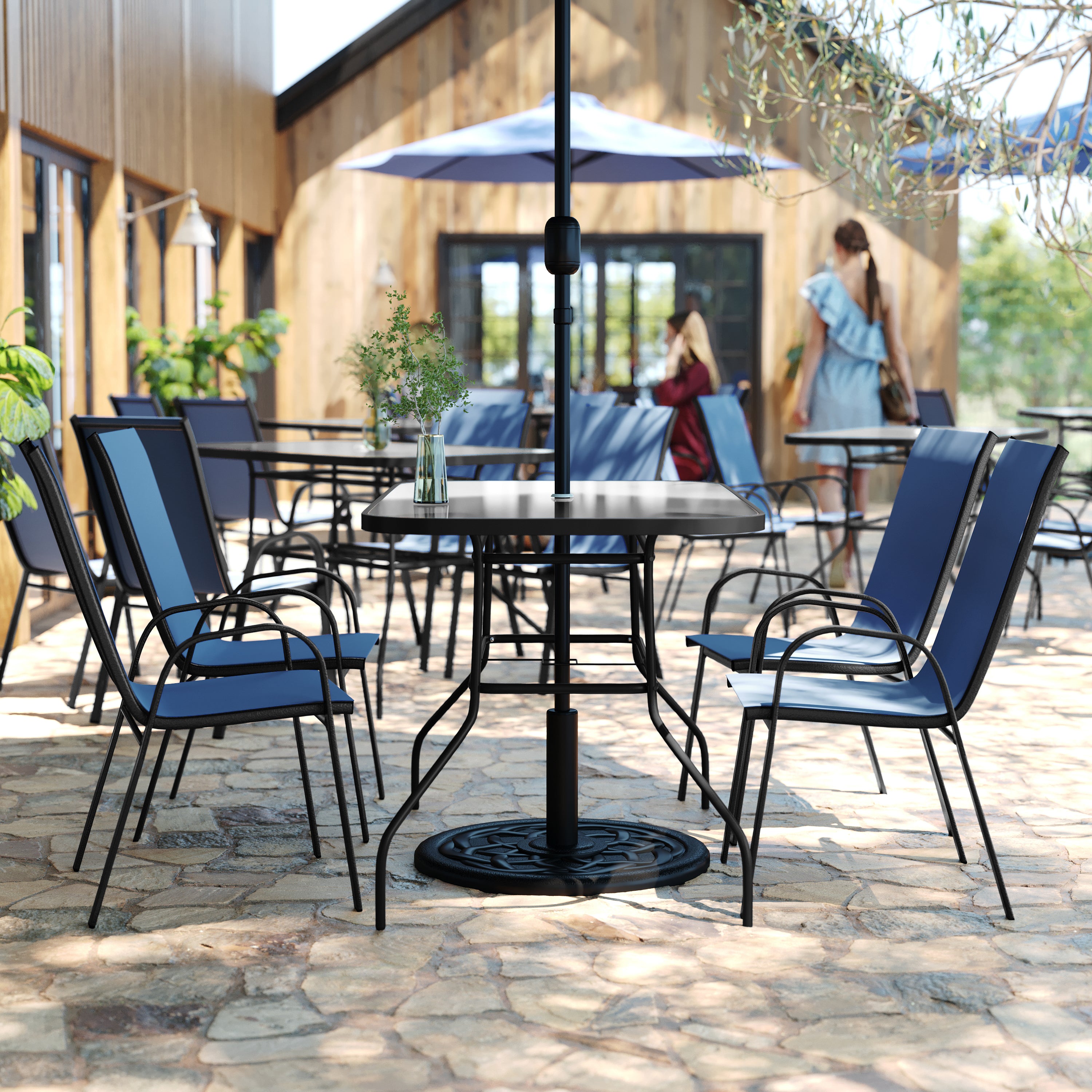Brazos 5 Piece Commercial Grade Patio Dining Set with Tempered Glass Patio Table with 4 Chairs with Navy Flex Comfort Material Seats and Backs