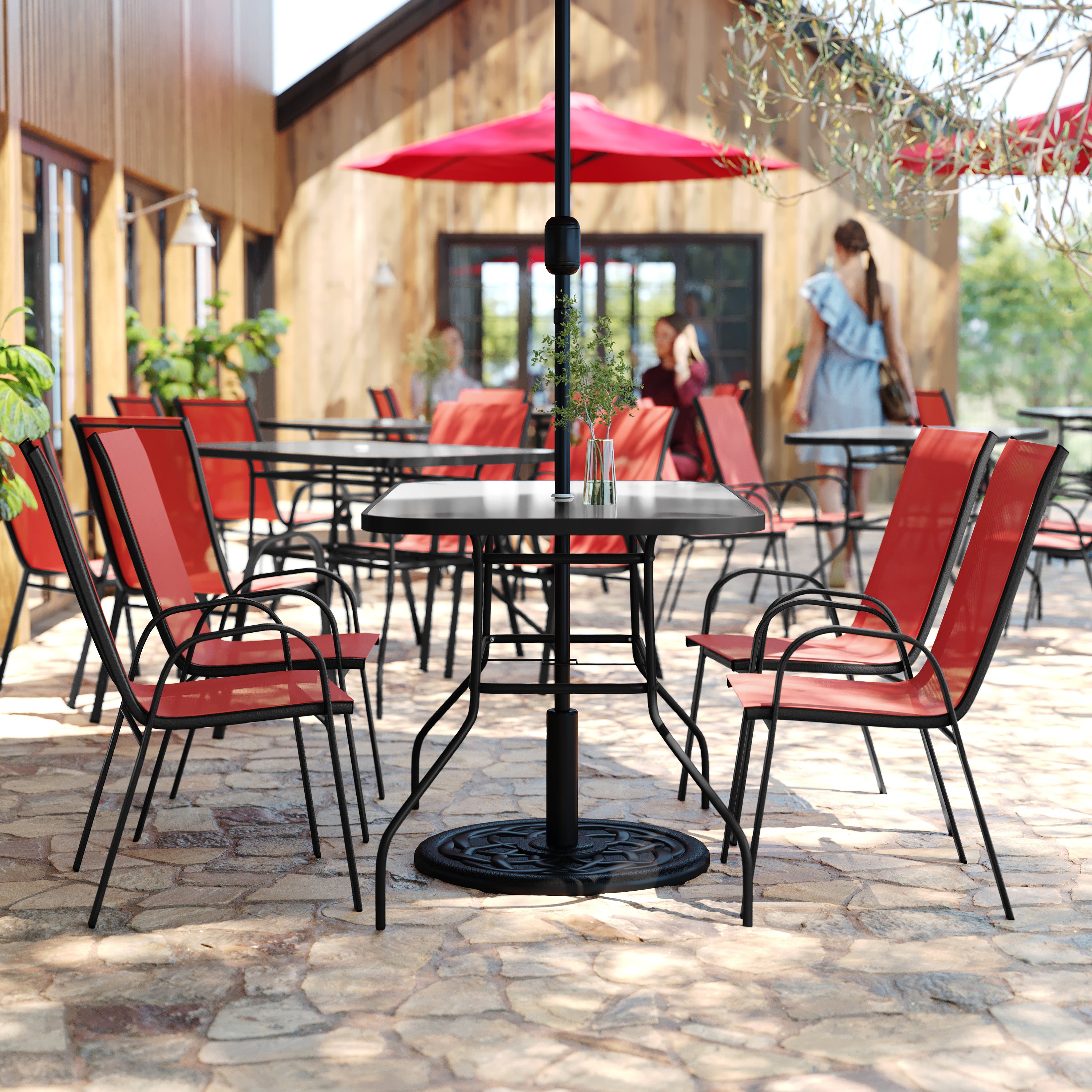 Brazos 5 Piece Commercial Grade Patio Dining Set with Tempered Glass Patio Table with 4 Chairs with Red Flex Comfort Material Seats and Backs