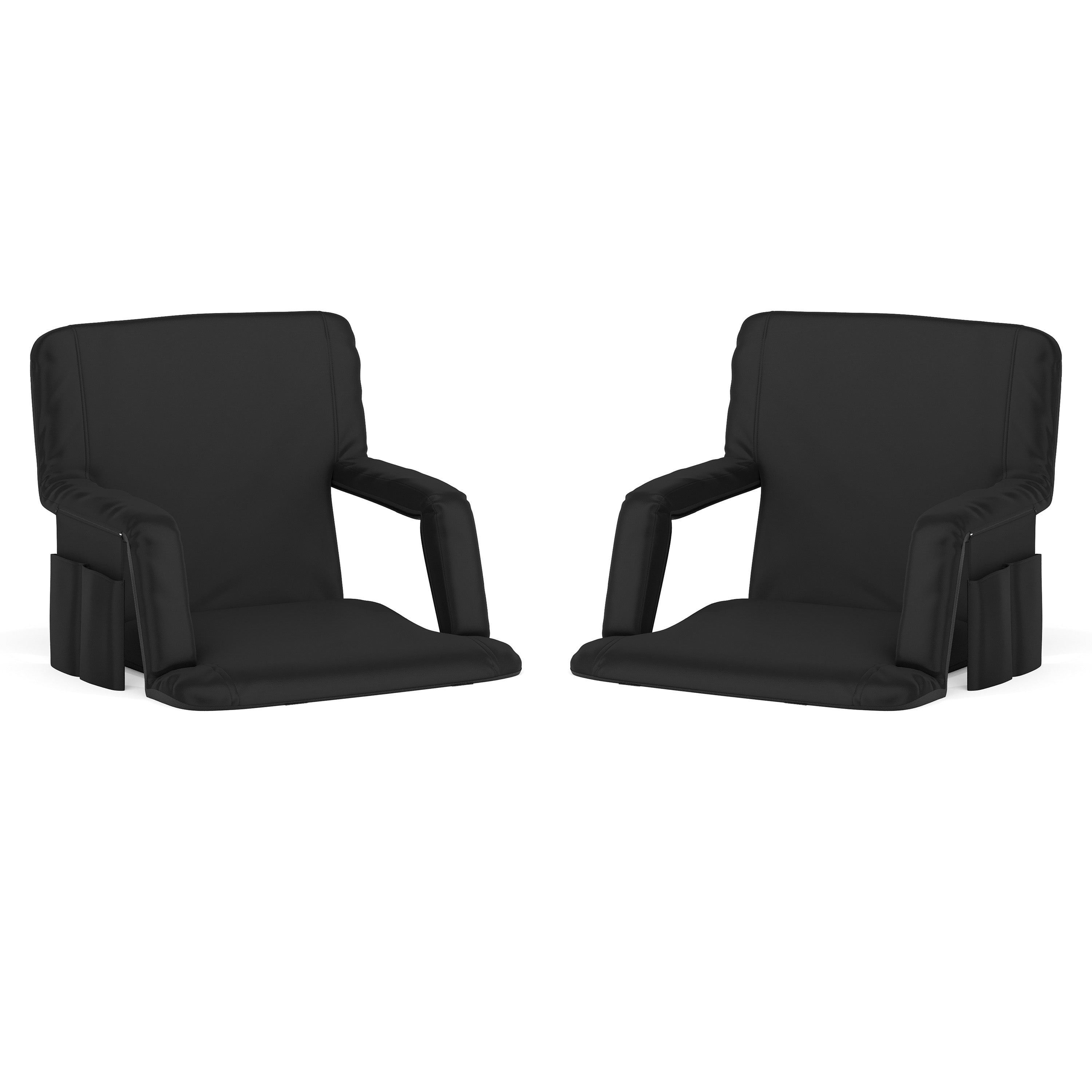 Malta Set of 2 Black Portable Lightweight Reclining Stadium Chairs with Armrests, Padded Back & Seat - Storage Pockets & Backpack Straps