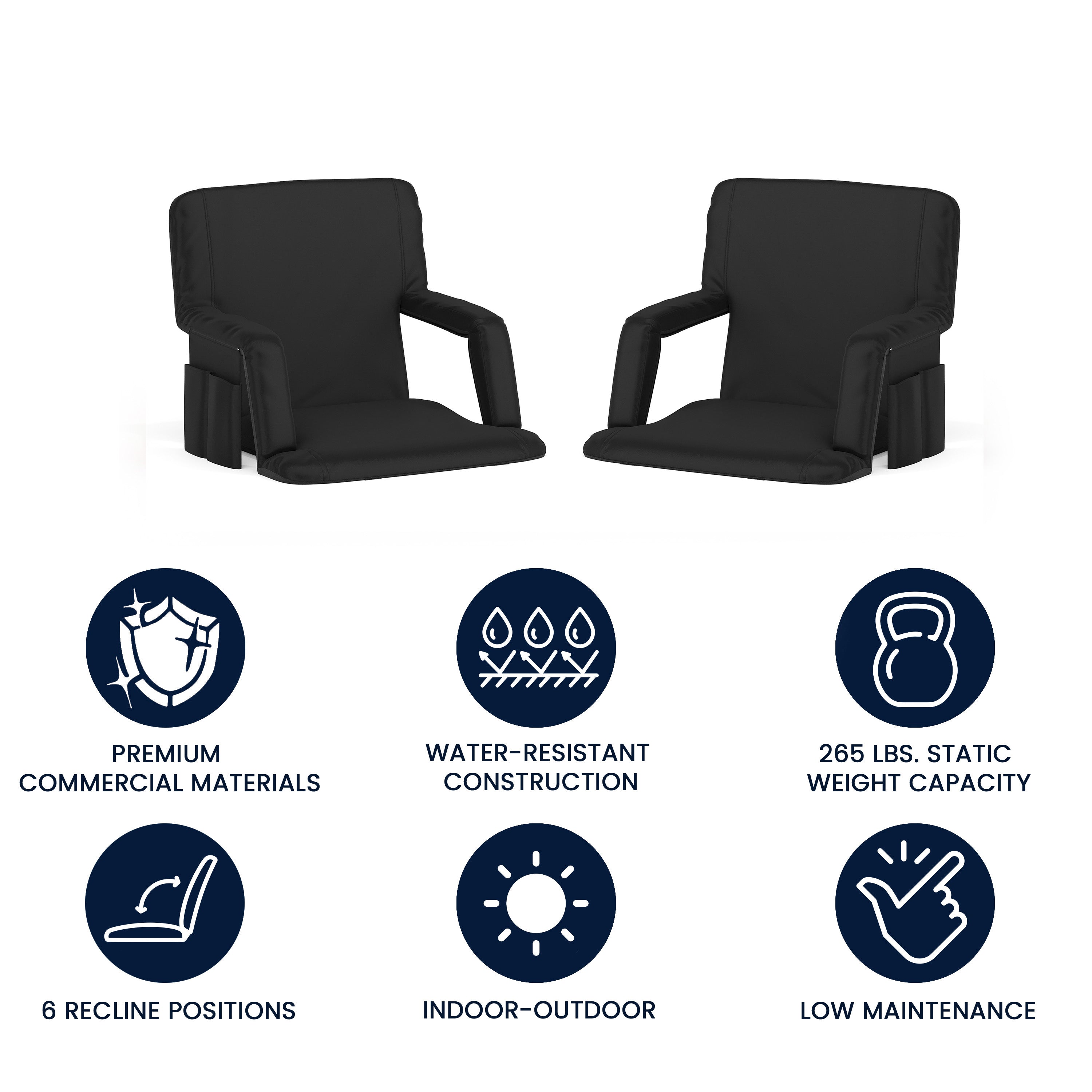 Malta Set of 2 Black Portable Lightweight Reclining Stadium Chairs with Armrests, Padded Back & Seat - Storage Pockets & Backpack Straps
