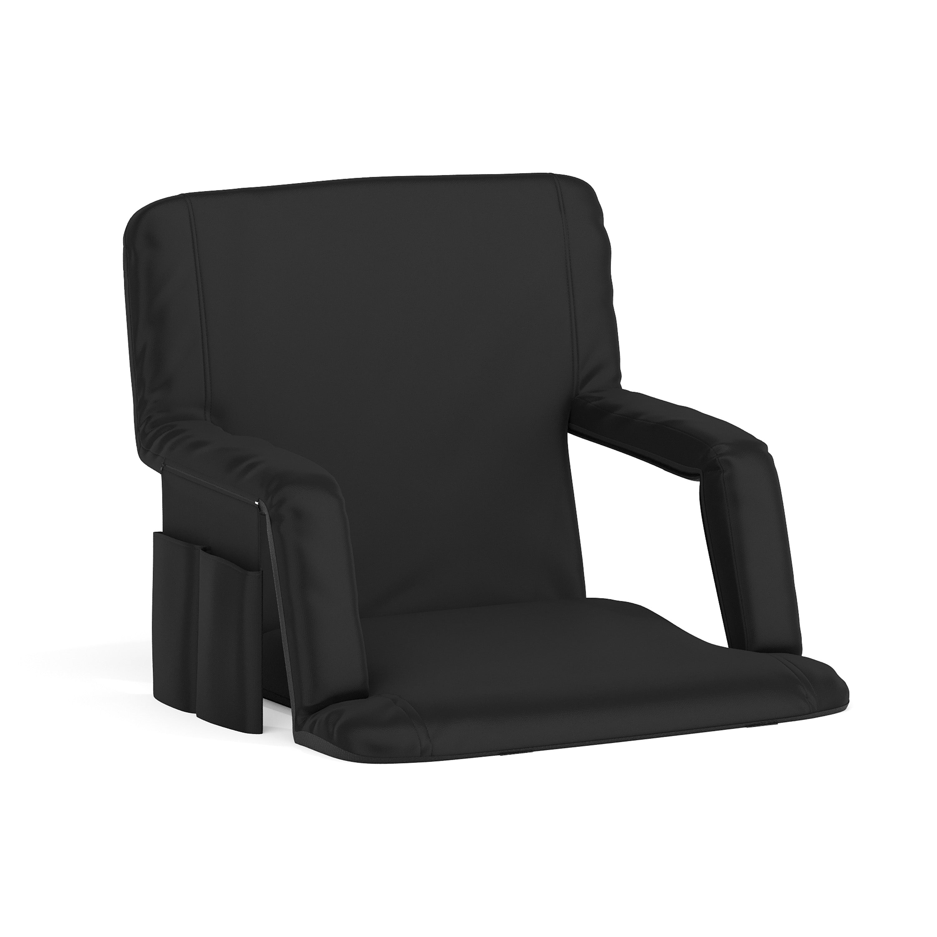 Malta Black Portable Lightweight Reclining Stadium Chair with Armrests, Padded Back & Seat with Dual Storage Pockets and Backpack Straps