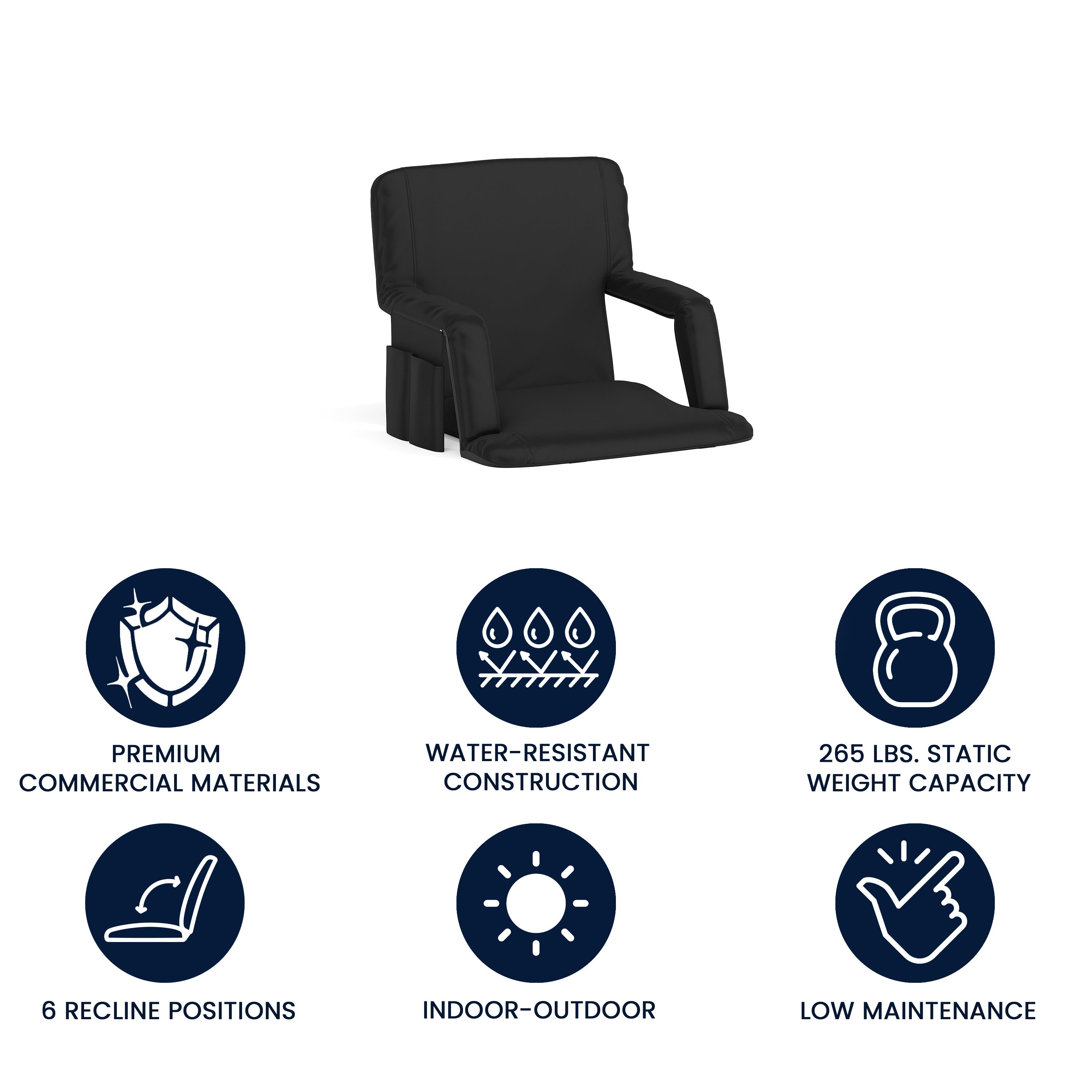 Malta Black Portable Lightweight Reclining Stadium Chair with Armrests, Padded Back & Seat with Dual Storage Pockets and Backpack Straps
