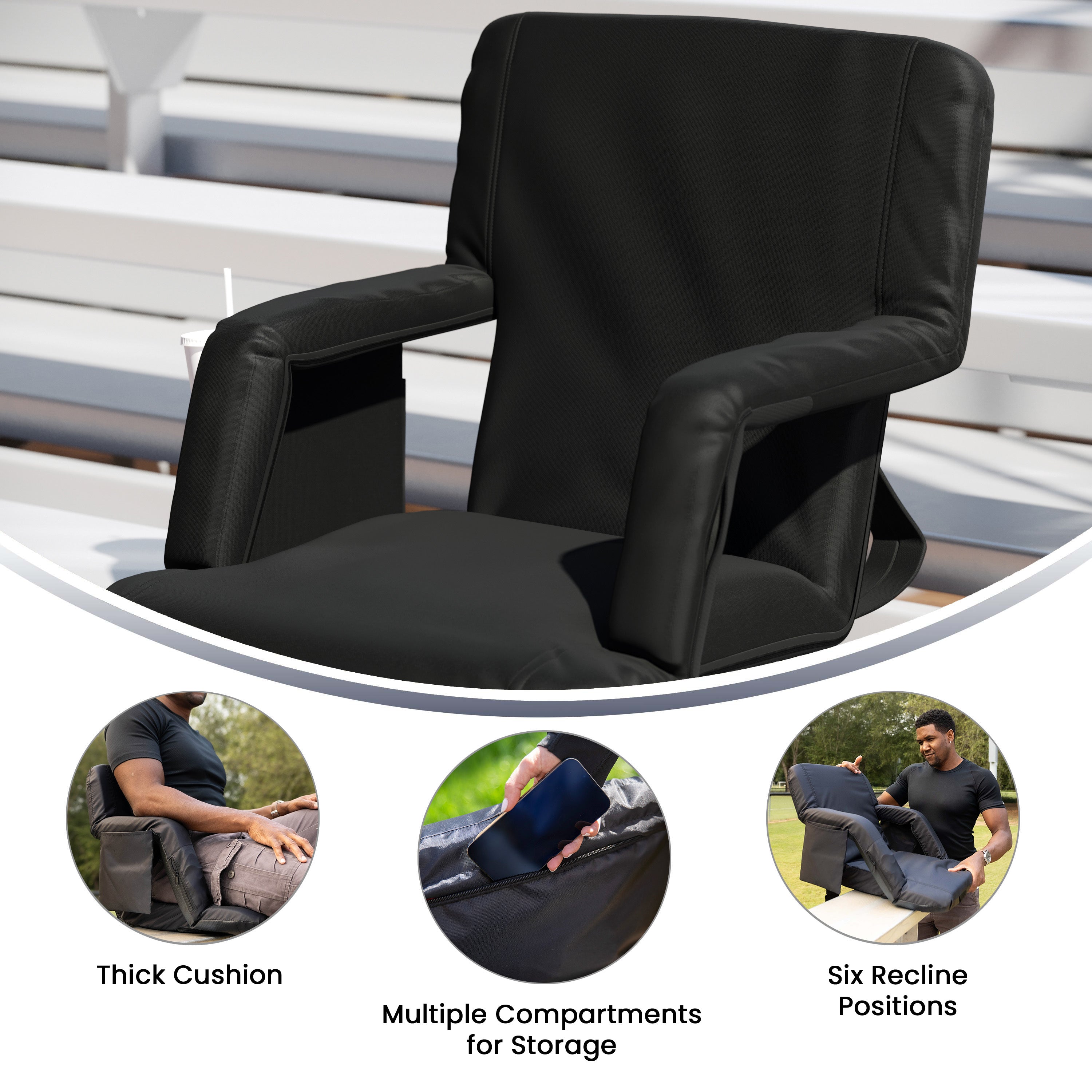 Malta Set of 2 Black Portable Lightweight Reclining Stadium Chairs with Armrests, Padded Back & Seat - Storage Pockets & Backpack Straps