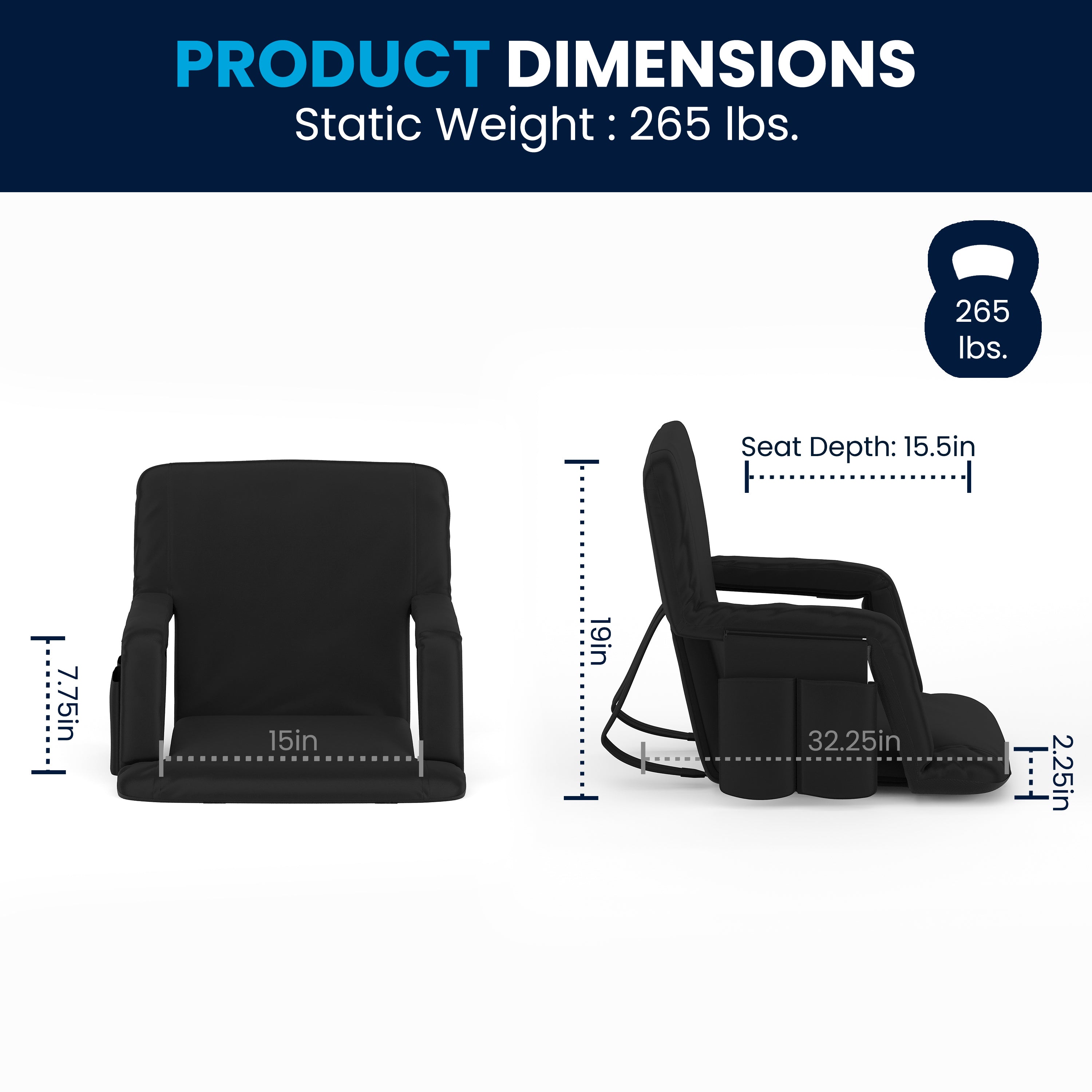 Malta Set of 2 Black Portable Lightweight Reclining Stadium Chairs with Armrests, Padded Back & Seat - Storage Pockets & Backpack Straps