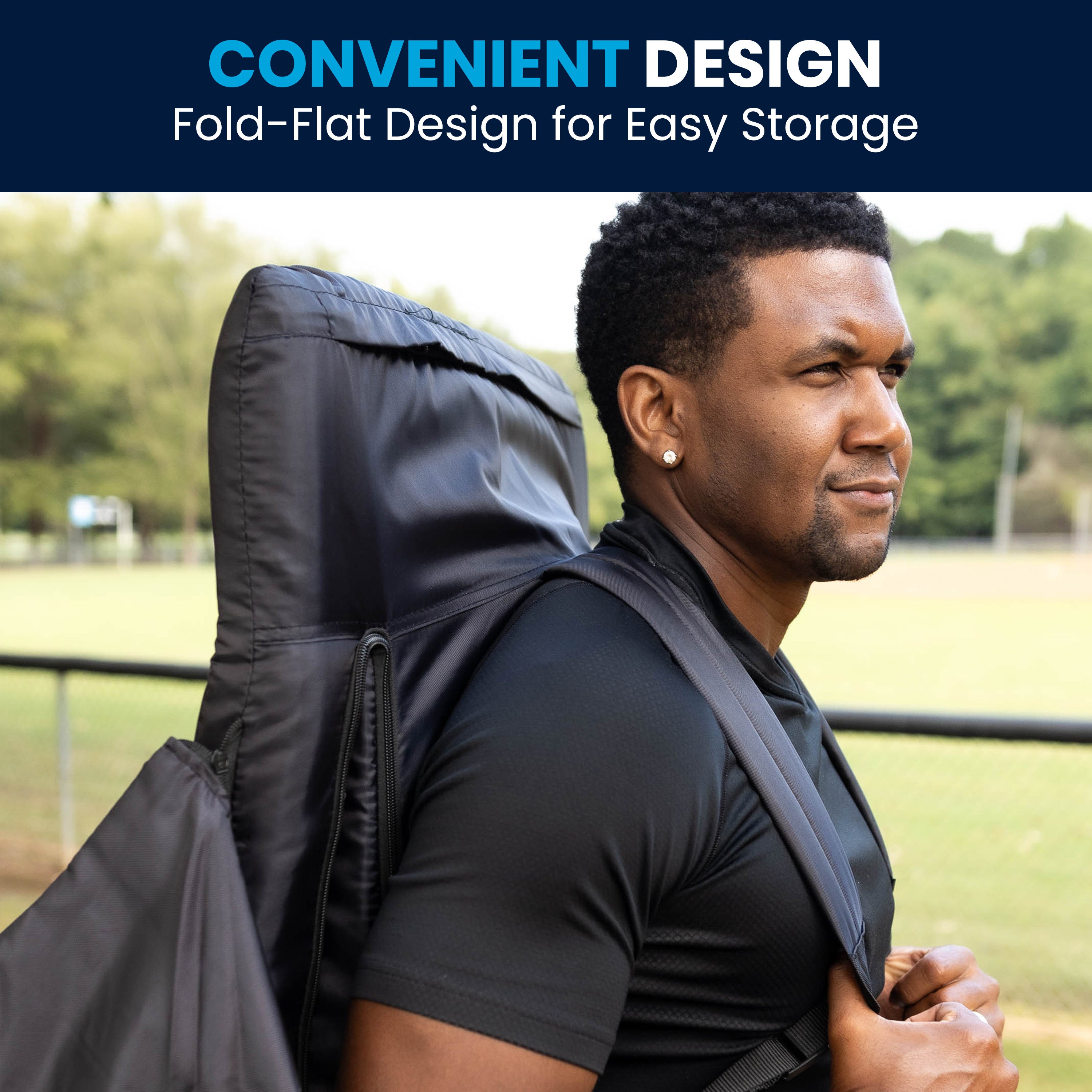 Malta Black Portable Lightweight Reclining Stadium Chair with Armrests, Padded Back & Seat with Dual Storage Pockets and Backpack Straps