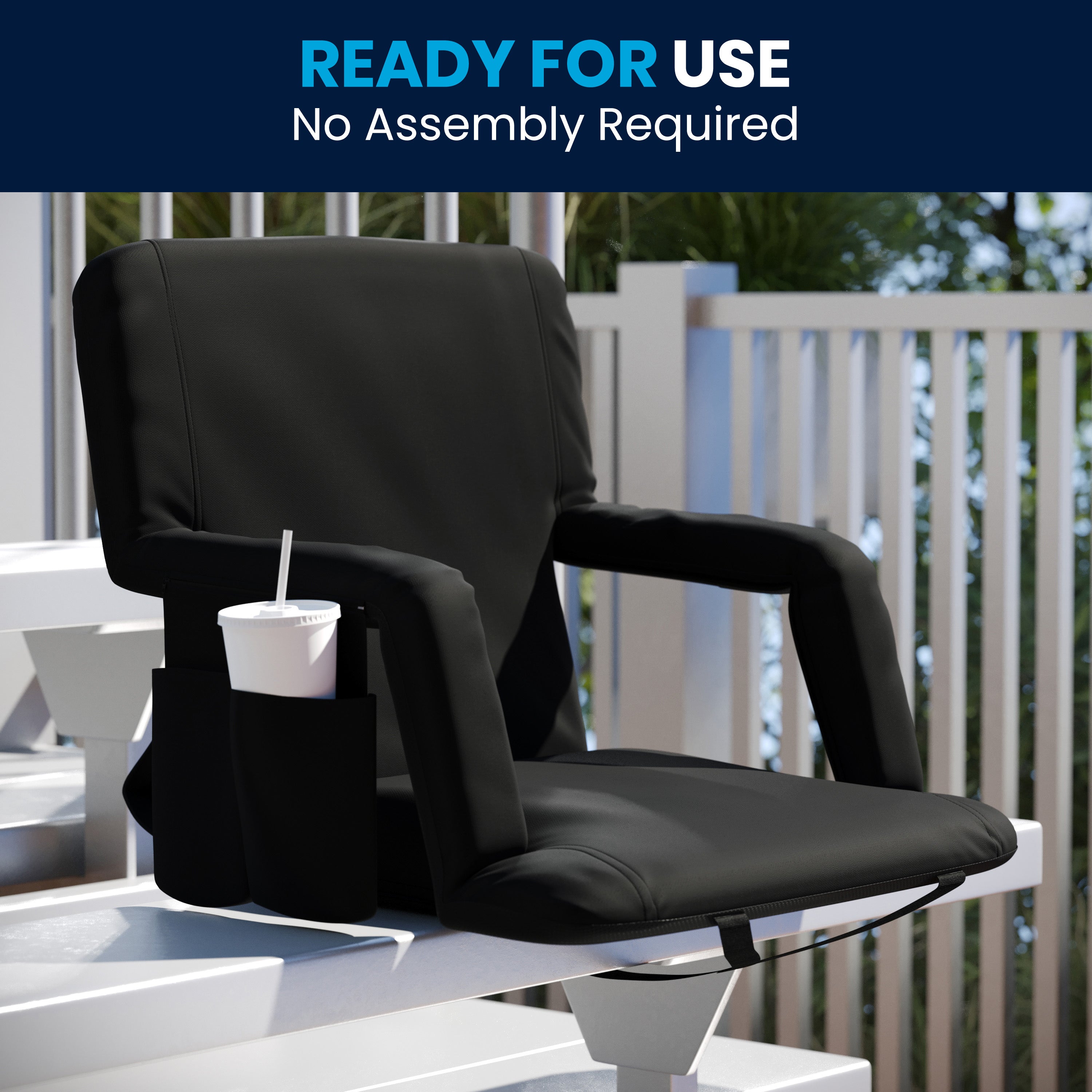 Malta Black Portable Lightweight Reclining Stadium Chair with Armrests, Padded Back & Seat with Dual Storage Pockets and Backpack Straps