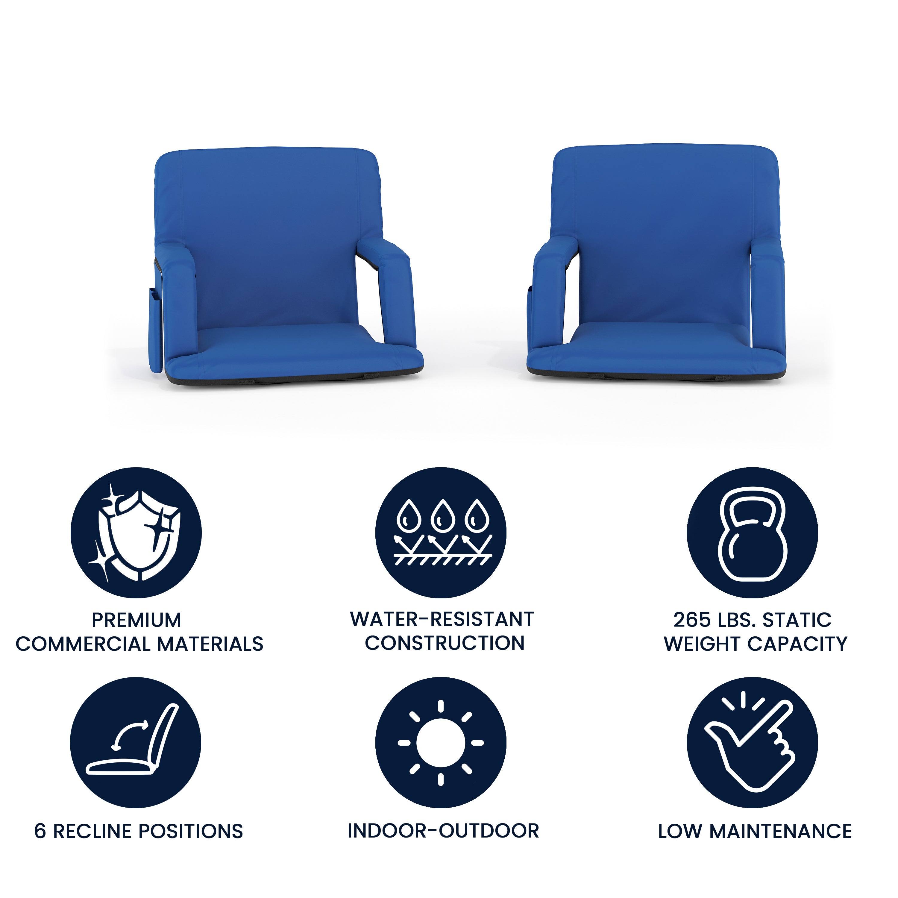 Malta Set of 2 Blue Portable Lightweight Reclining Stadium Chairs with Armrests, Padded Back & Seat - Storage Pockets & Backpack Straps